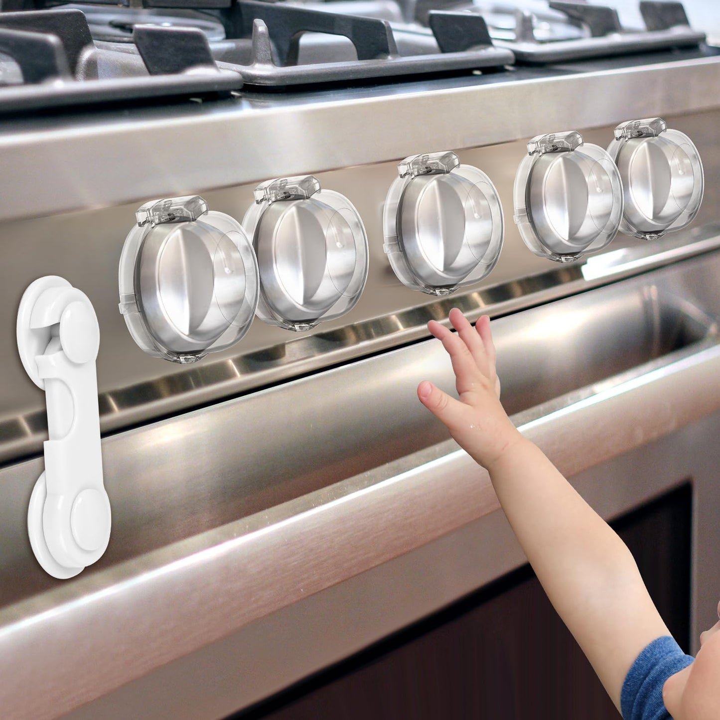 Mom's Choice Gold Awards Winner - Stove Knob Covers for Child Safety (5 + 1 Pack) Double-Key Design and Upgraded Universal Size Gas Knob Covers Clear View Childproof Oven Knob Covers for Kids and Pets