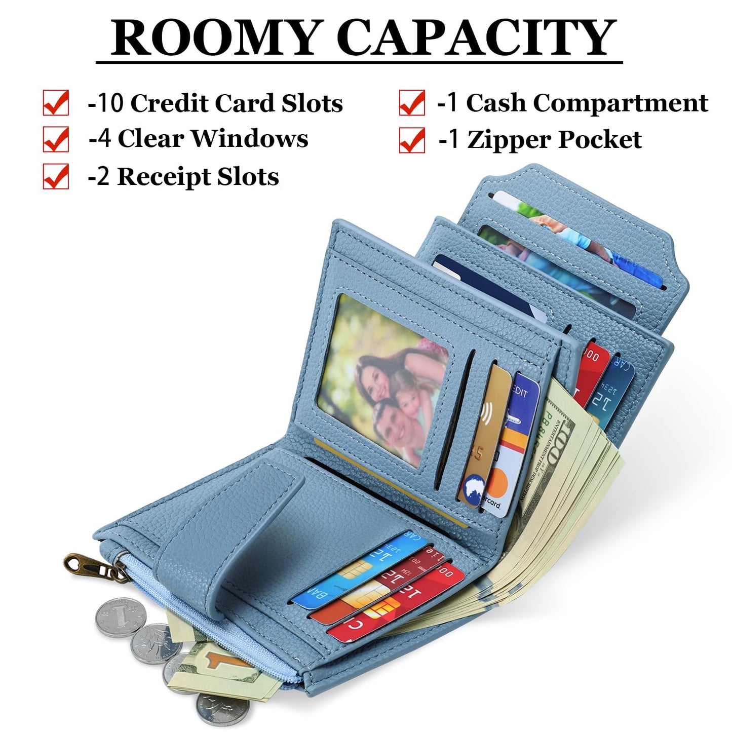 Airkit Small Wallet Women RFID Blocking Soft Leather Bifold Compact Card Holder Wallet for Women with Zipper Coin Pocket 4 ID Window