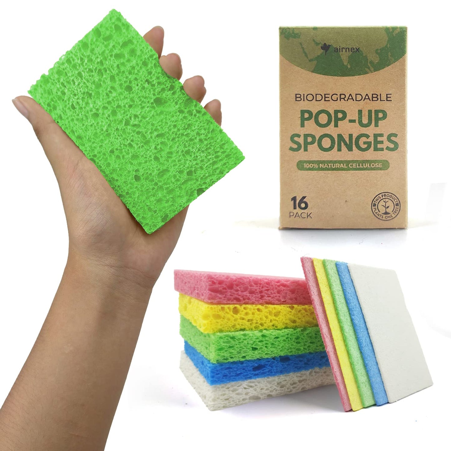 Biodegradable Cellulose Compressed Sponges - Pack of 16 Compostable Kitchen Pop Up Bulk - Non Scratch Multicolor Natural Dish Sponges - Heavy Duty Multipurpose Eco Friendly