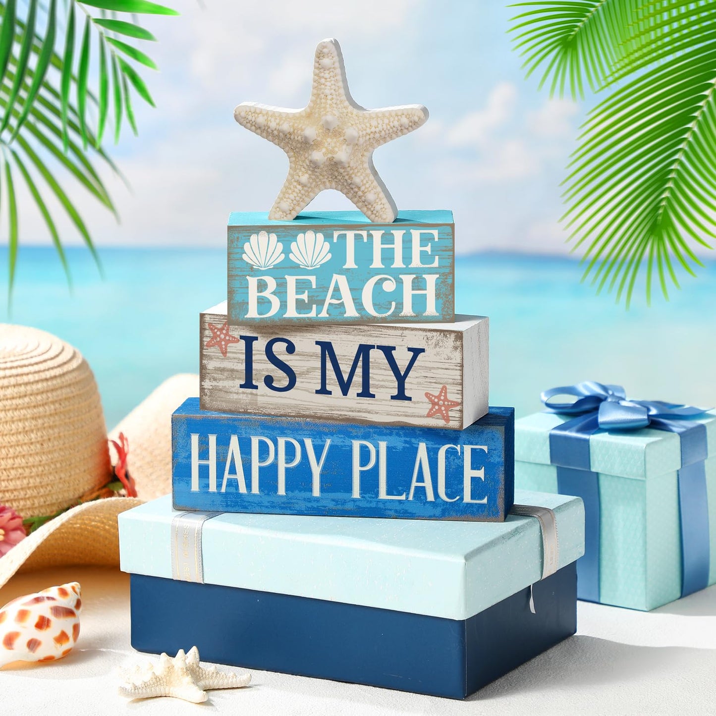Moucuny 4 Pcs Summer Beach Tiered Tray Decor Ocean Starfish Shell Table Centerpieces Summer Rustic Decorative Starfish Block Signs Gift Farmhouse Tabletop Sign for Home Table Kitchen Shelf