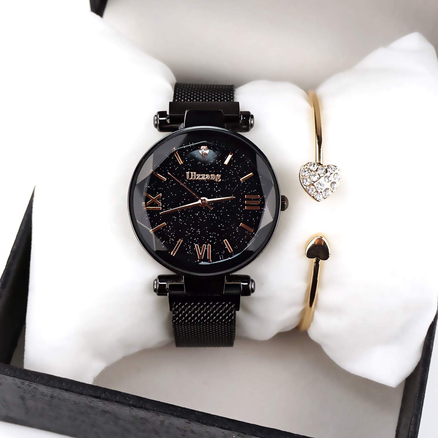 FUNGORGT Fashion Black Ladies Watch Magnetic Mesh Band Starry Sky Dial Analogue Quartz Wrist Watch for-Valentine's Day Gifts