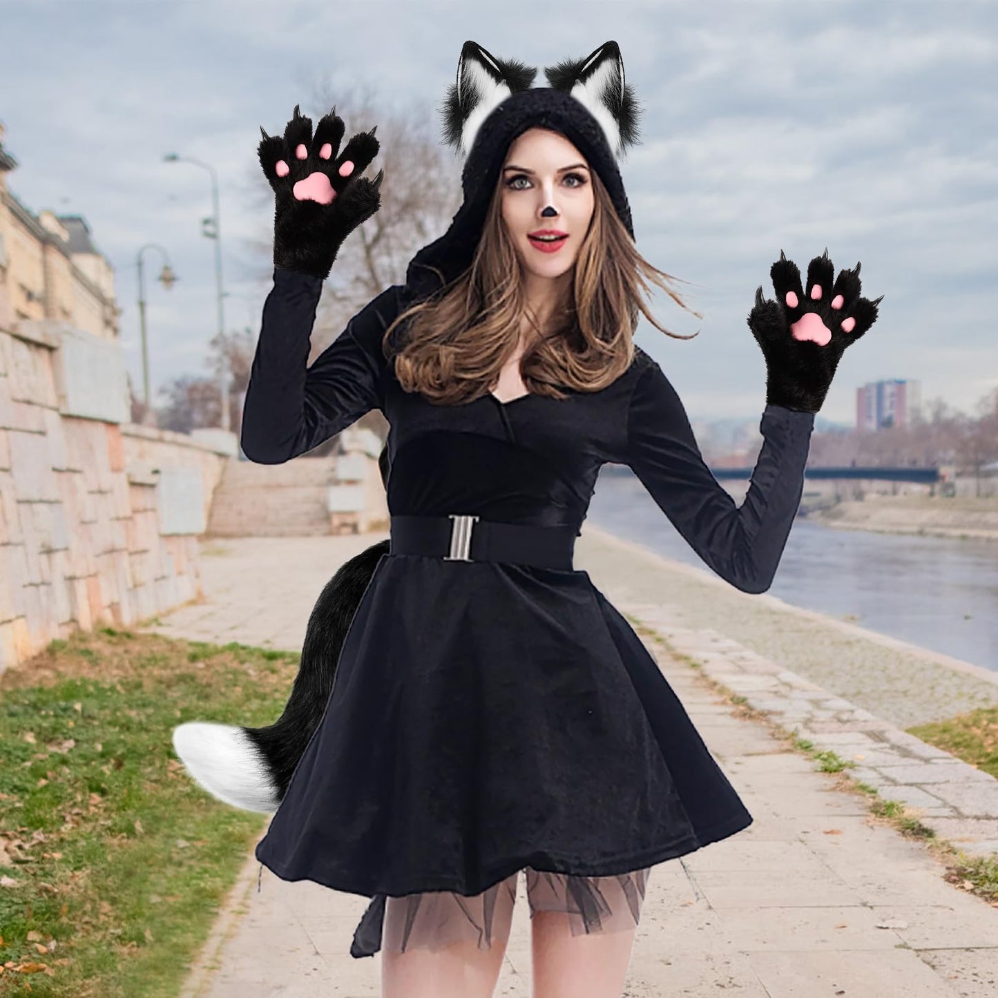 COSYEARS Fox Wolf Ears Headband Furry Tail Plush Cat Paw Mittens Gloves Set Halloween Party Costumes Accessories