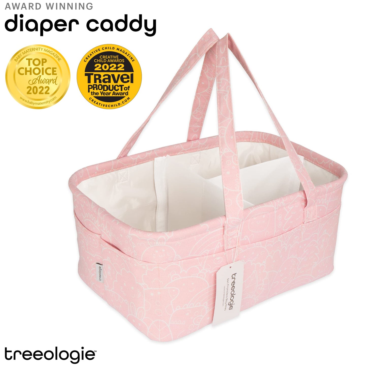 Baby Diaper Caddy Organizer Basket for Nursery Changing Table - Car Storage Tote Bag for Nappy, Diapers, and Wipes - Newborn Registry Shower Gift for Girl and Boy Must Haves - Travel Bin (Pink)