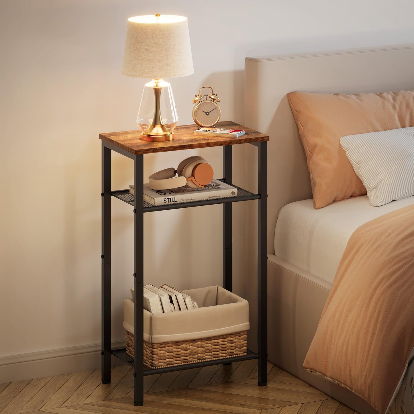 Hoctieon 3 Tier End Table, Telephone Table, Narrow Side Table with Storage, Nightstand for Small Spaces, Metal Frame, For Living Room, Bedroom, Sofa Couch, Hall, Easy Assembly, Rustic Brown