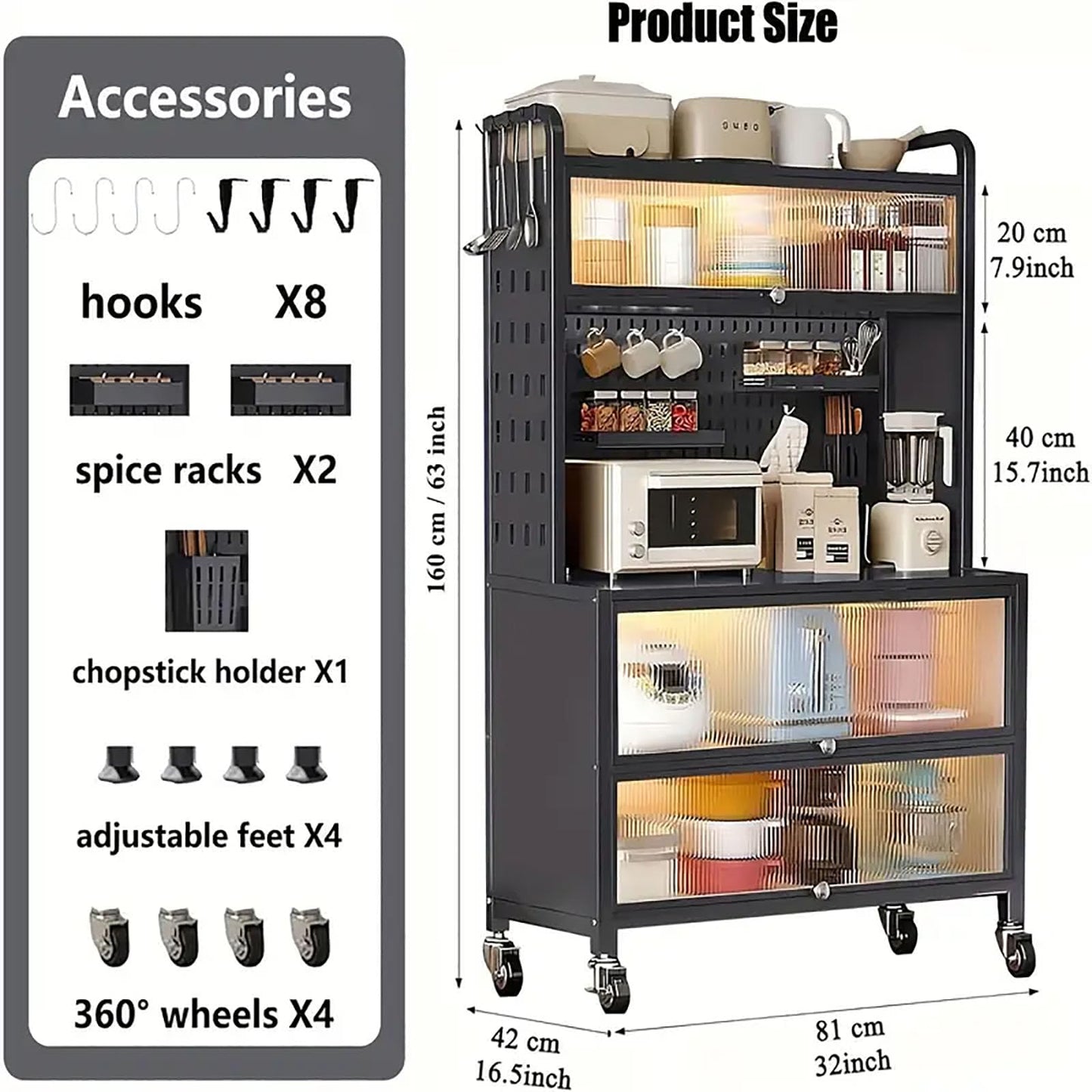 walkclpck Kitchen Cabinet with Acrylic Doors, Bread Rack with Switchable Universal Wheels, 63 Inch Microwave Stand, Farmhouse Coffee Bar Cabinet for Home, Dining Room, Kitchen, Black