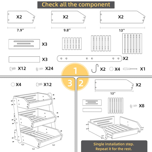 Bamboo 3 Tier Fruit Basket For Counter With Two Banana Hook, Fruit And Vegetables Basket, Large Capacity Wood Fruit Bowls, Fruit Organizer For Kitchen Counter, Onion Storage, Bread Pantry (Black)