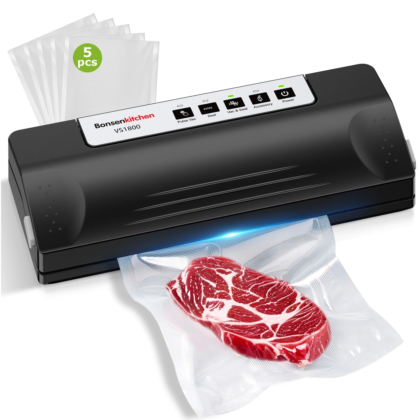 Bonsenkitchen Vacuum Sealer Machine for Food, Multi-Functional Food Sealer, Automatic Operation Mode, Commercial Grade, Compact Design, with 5 Vacuum Bags, Black-Silver