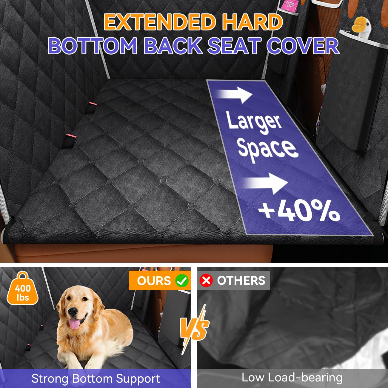 Pawaboo Dog Car Seat for Small Medium Large Dogs, Back Seat Extender for Dogs, Foldable Non-Slip Hard Bottom Pet Carseat, Hammock for Pet, All-Around Protection and Strong Support, Dark Black