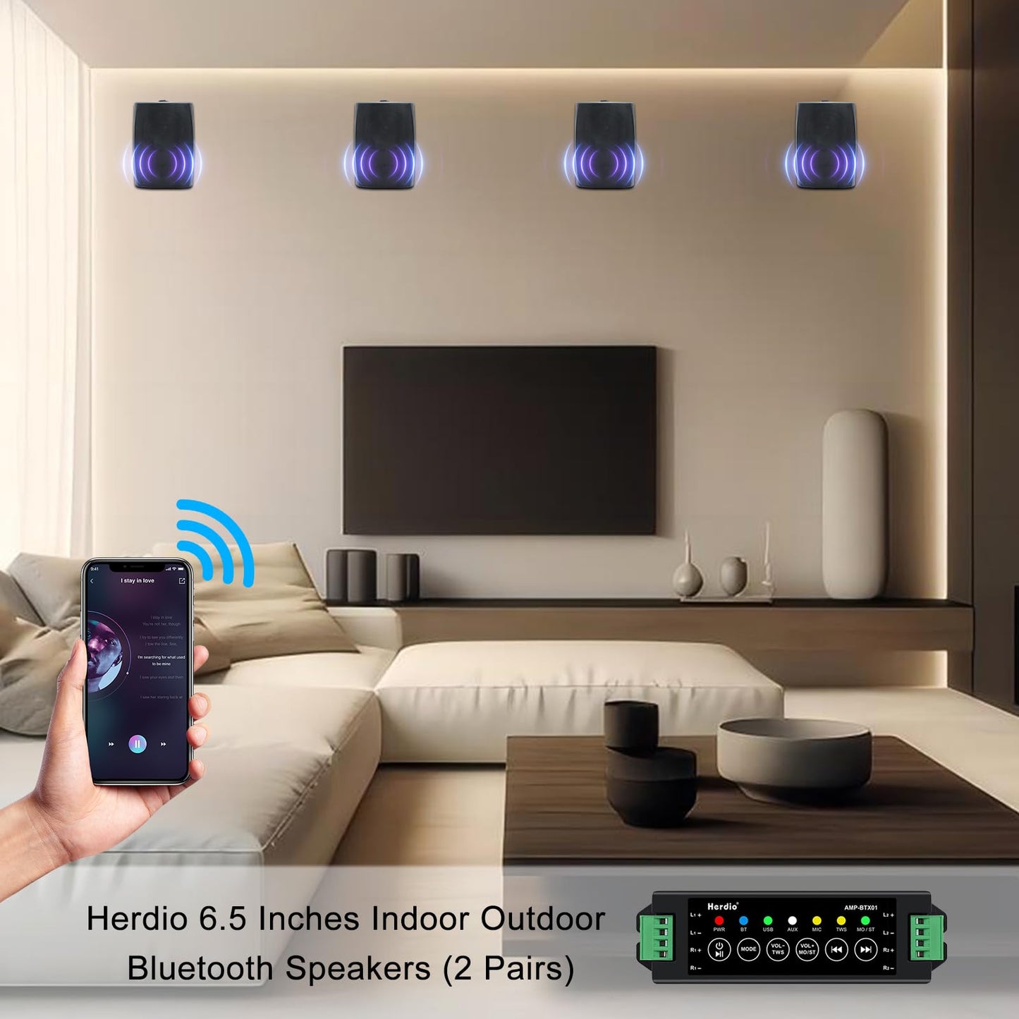 Herdio 6.5 Inch 800W Outdoor Bluetooth Speakers Wired Waterproof with Multifunctional Amplifier, Wall Mount Speaker for Patio Home Poolside Deck Backyard(2 Pairs,Black)