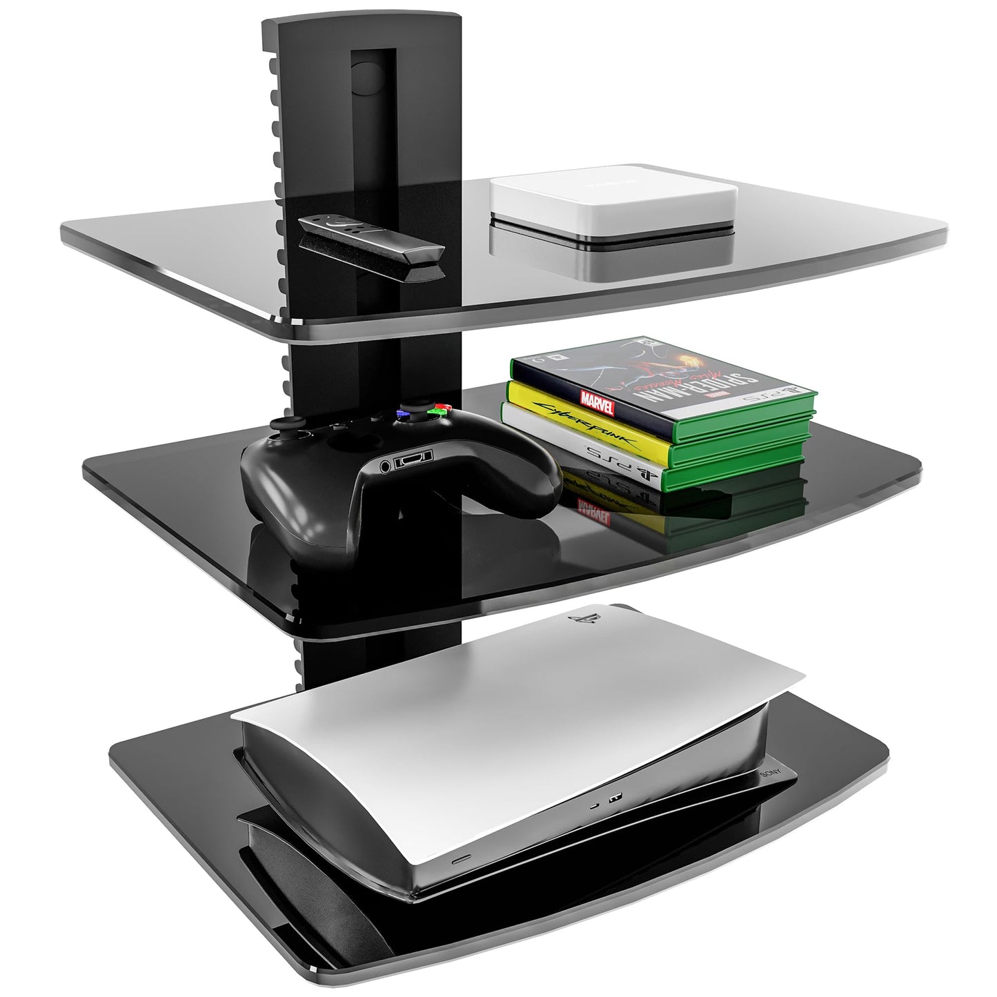 FITUEYES 2 Tiers Floating Shelves for Wall Under TV DVD Shelf Wall Mount Shelves Hold up to 22lbs Tempered Glass for PS4, Xbox, Game Console and Cable Box Black