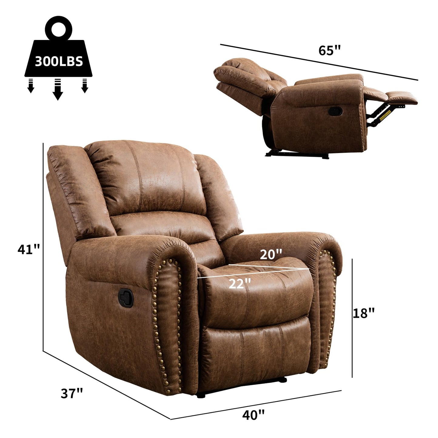CANMOV Leather Recliner Chair, Classic and Traditional Manual Recliner Chair with Comfortable Arms and Back Single Sofa for Living Room, Nut Brown