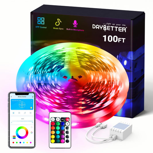 DAYBETTER Smart RGB Led Strip Lights, 50ft Led Lights for Bedroom with App Control, Multicolor Changing Led Light Strips Apply for Home Decor, Living Room, Kitchen, Home Party Decoration, 12V
