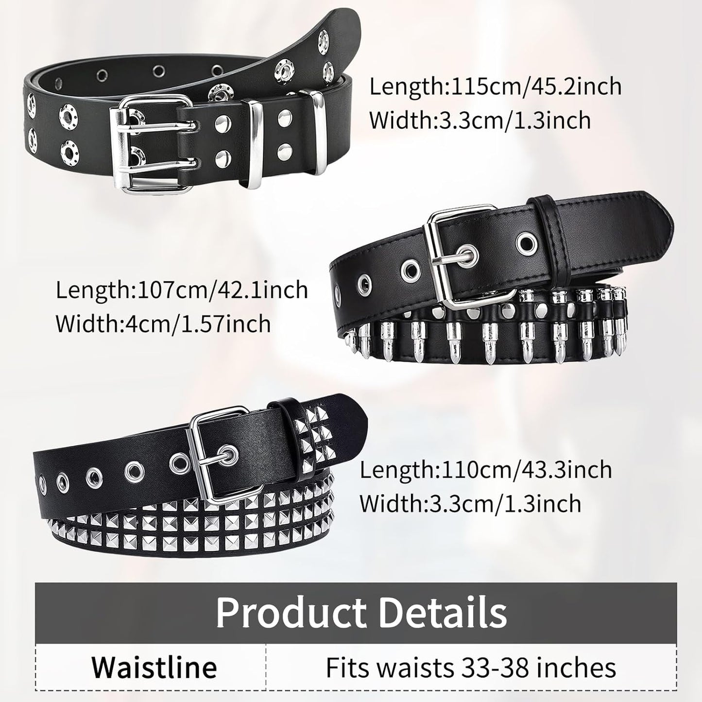 3 Pcs Studded Belt, Y2K Belt EMO Goth Belts Punk Rock with Bullet belts for Women Men
