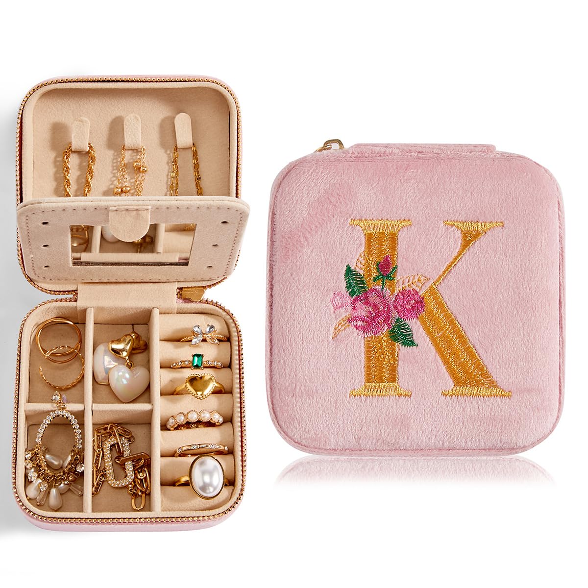 Smileshe Personalized Gifts for Mom Mothers Day, Birthday Gifts, Graduation Gifts for Girls Fashion, Travel Gifts for Teen Girls Trendy Stuff, Velvet Jewelry Box with Flower, Letter J, Pink