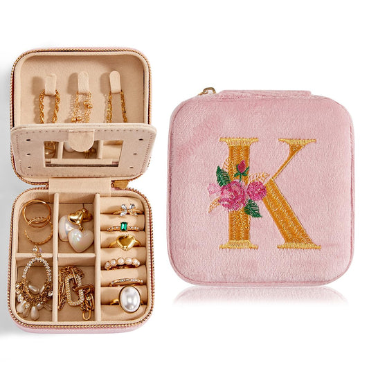 Smileshe Personalized Gifts for Mom Mothers Day, Birthday Gifts, Graduation Gifts for Girls Fashion, Travel Gifts for Teen Girls Trendy Stuff, Velvet Jewelry Box with Flower, Letter J, Pink