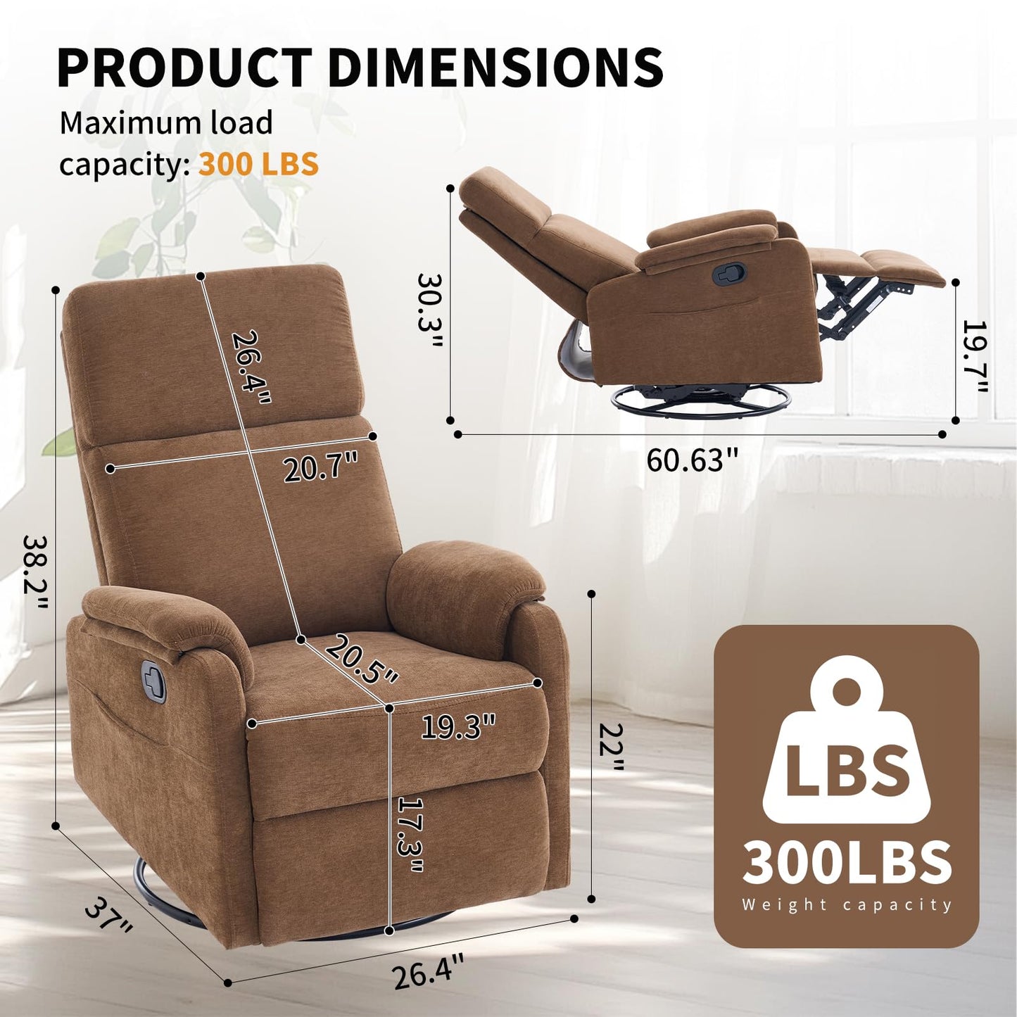 Recliner Chair, 360 Swivel Rocker Chair for Adults, Small Rocking Recliner Chair for Small Spaces, Upholstered Fabric Glider Recliner Nursery with Side Pockets for Living Room, Fabric Brown