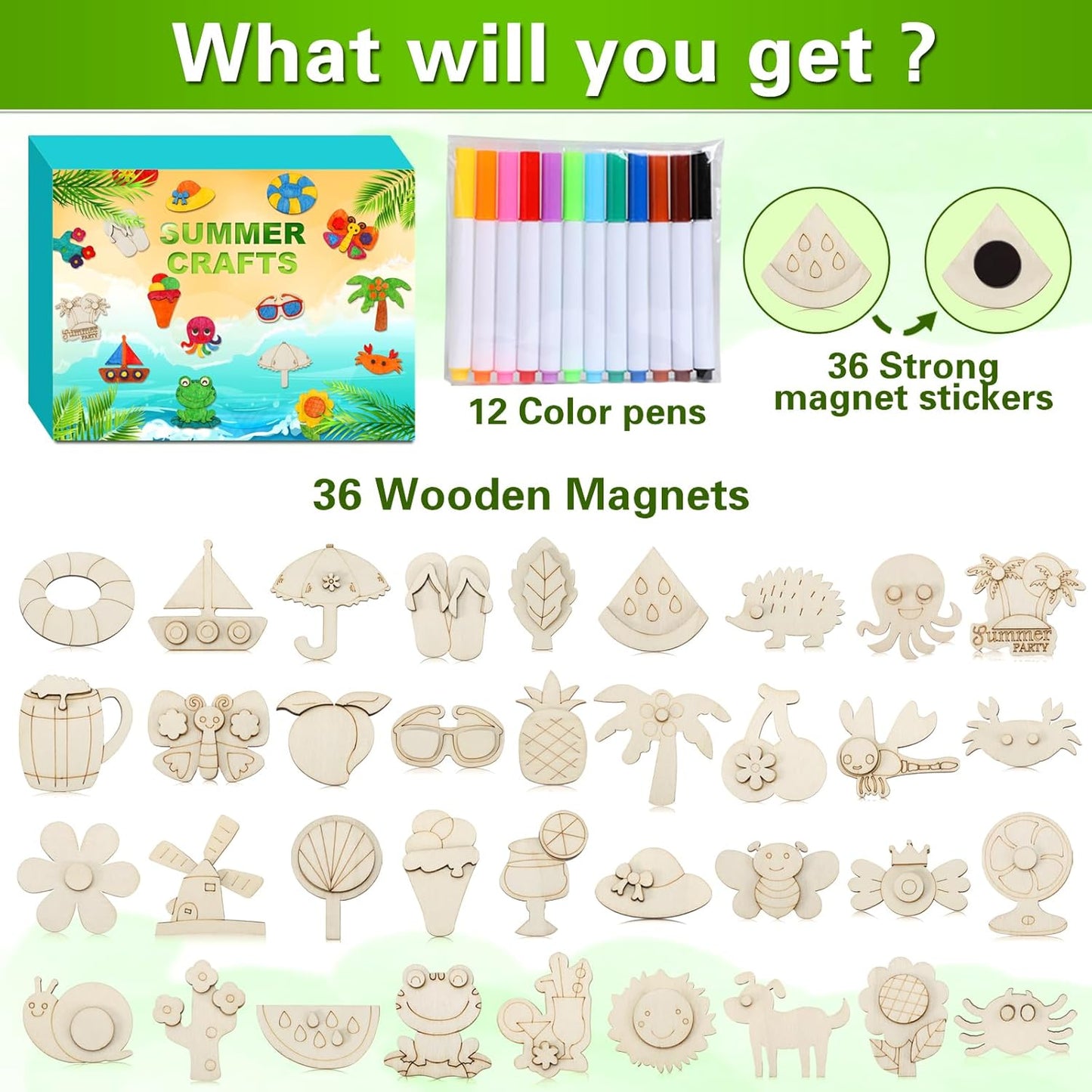 Worgree Summer Crafts for Kids, 36 Pcs DIY Wooden Magnets Art Craft Supplies Painting Kit for Boys Girls Ages 4-8 8-12 Birthday Party Gifts Summer Activities School Classroom Prizes