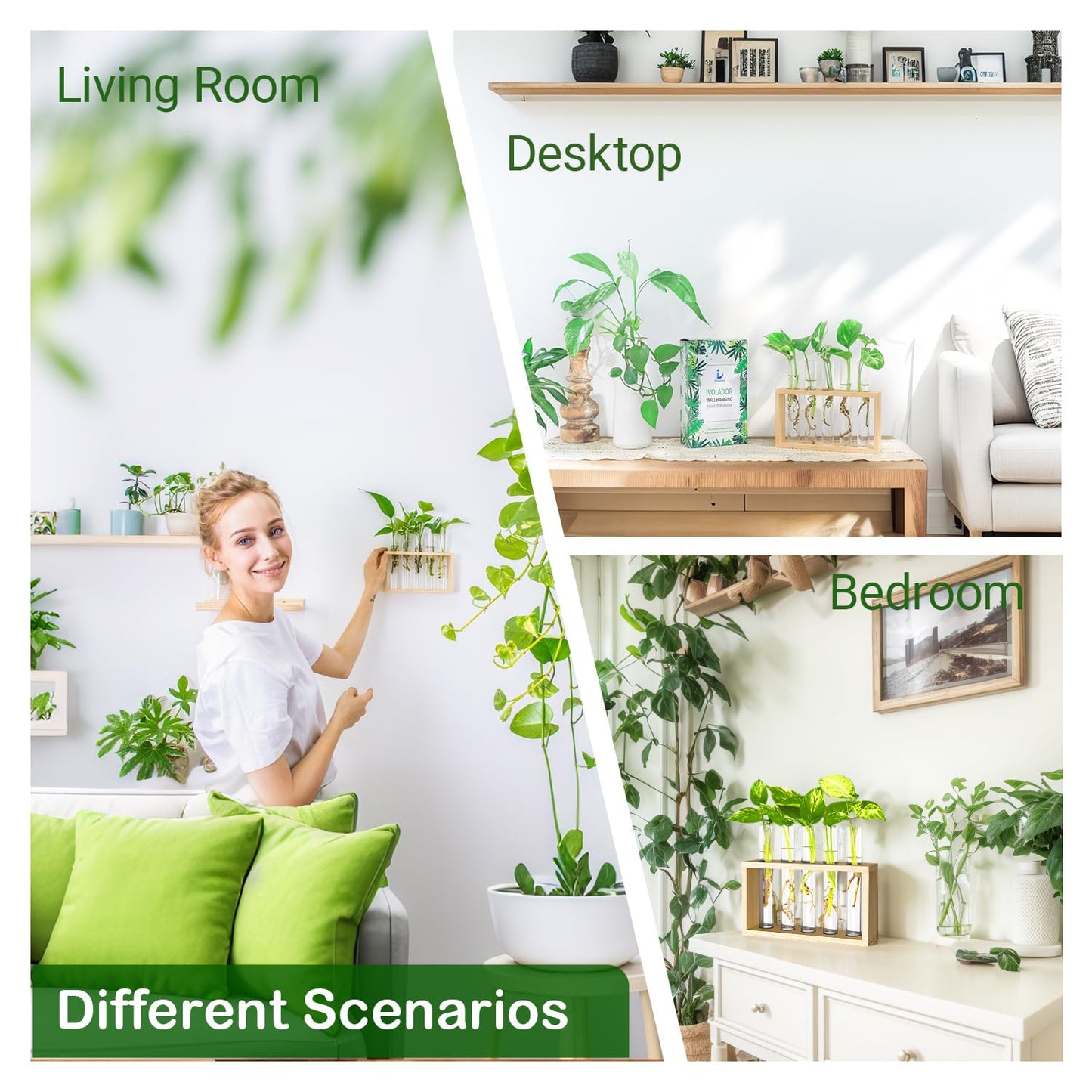 Ivolador Plant Propagation Station Terrariumin Wall Test Tube Vases Bud Tabletop Glass Wooden Stand with 5 Propagation Tubes for Propagating Hydroponic Plants Home Garden Wedding Decoration-Beige