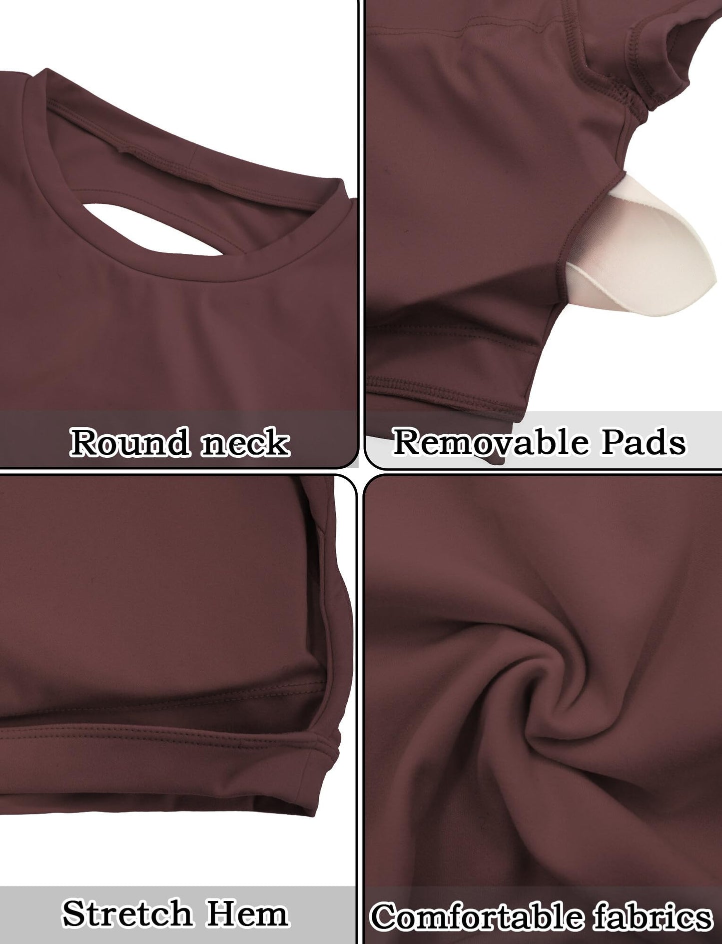 FEOYA Women’s Backless Workout Tops Short Sleeve Round Neck Crop Top Soft Elastic Yoga Fitness Outfits Brown M