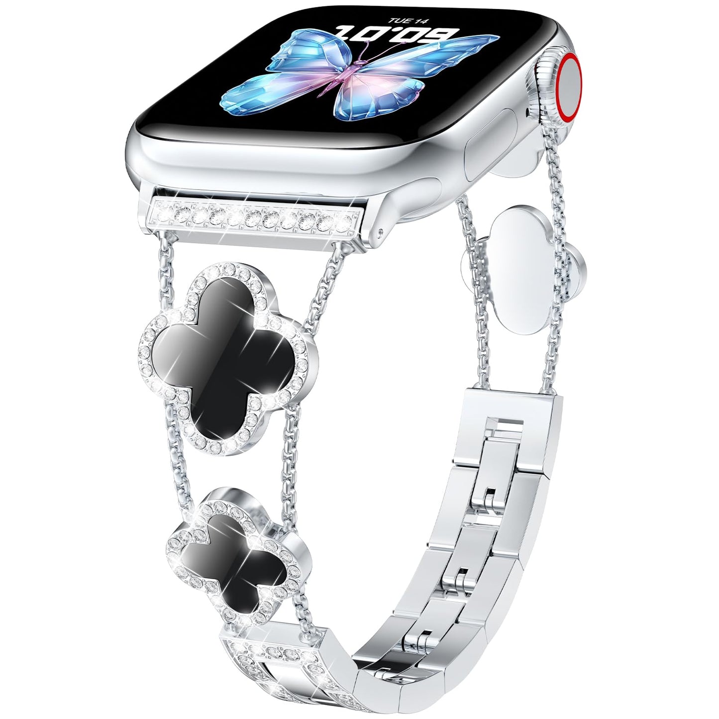 CTYBB Bling Diamond Band Compatible with Apple Watch Bands for Women 40mm 41mm 38mm 42mm Series 10 9 8 7 6 5 4 3 2 1 SE, Sparkle Metal Bracelet Wristband, Cute Lucky Clover Dressy iWatch Band,Silver/Black