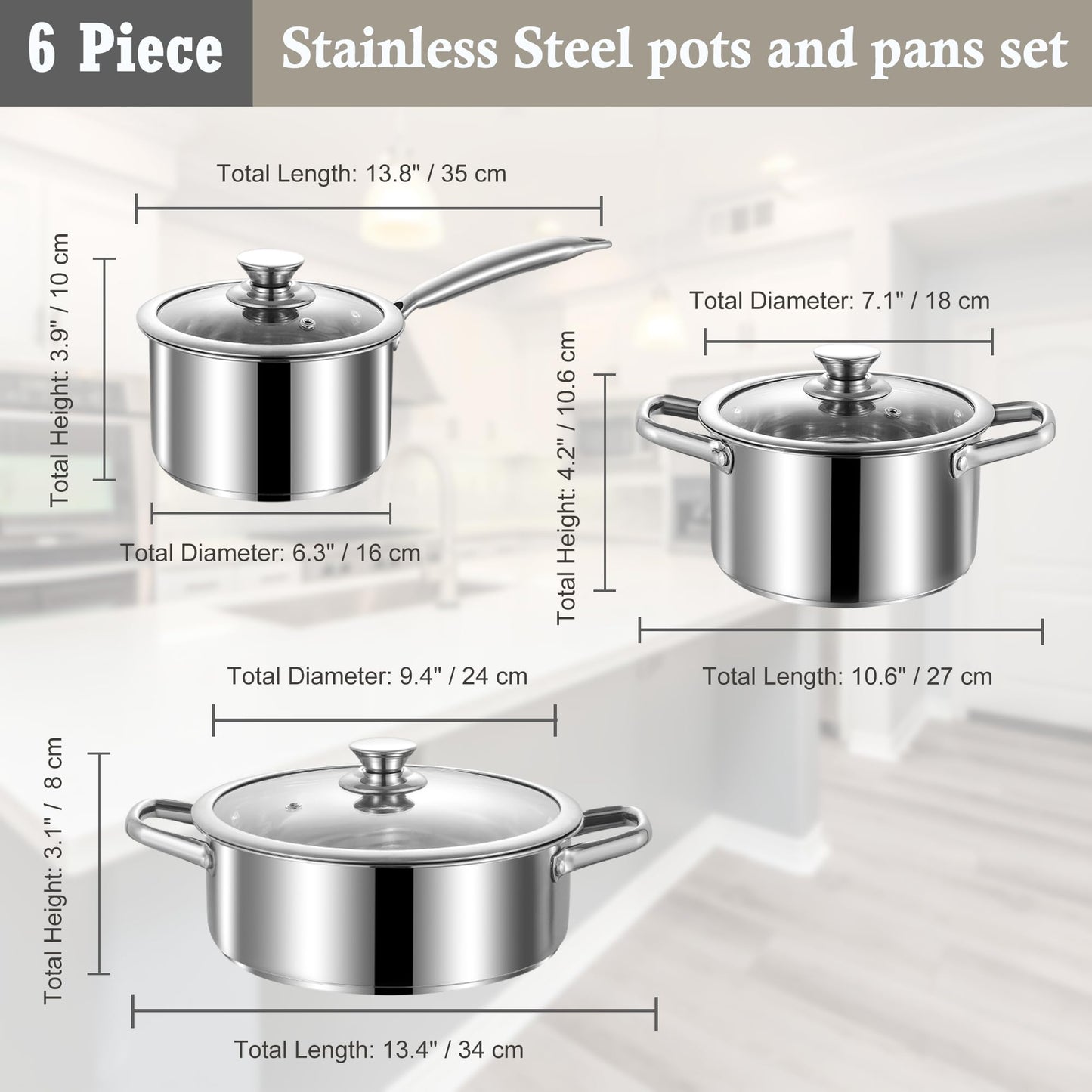 SHEUMNT Stainless Steel pots and pans set, 6 Piece Nonstick Induction Kitchen Cookware Set, Works with Induction/Electric and Gas Cooktops, Nonstick, Oven Safe, Camping Cookware