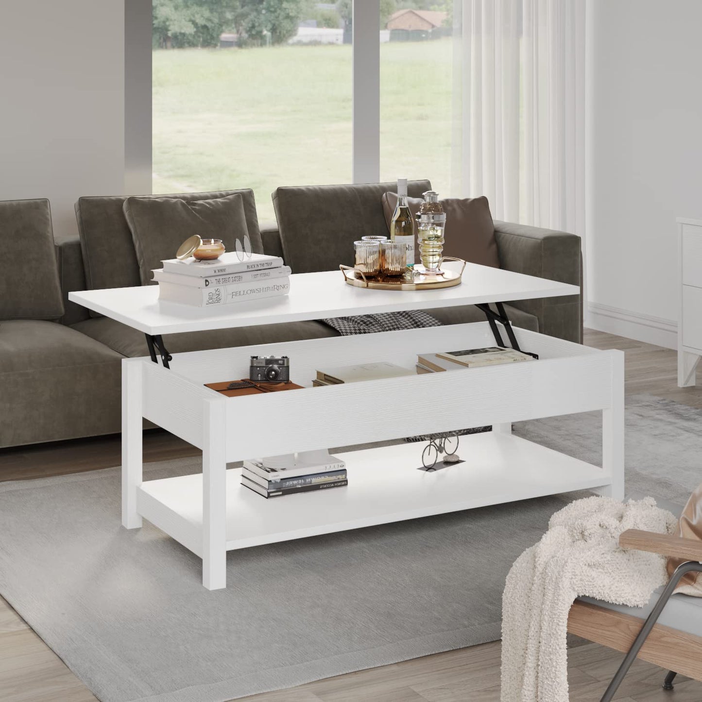 Panana Lift Top Coffee Table with Hidden Compartment and Open Shelf, Lift Tabletop Pop-Up Coffee Table for Living Room, 45.28" L, White