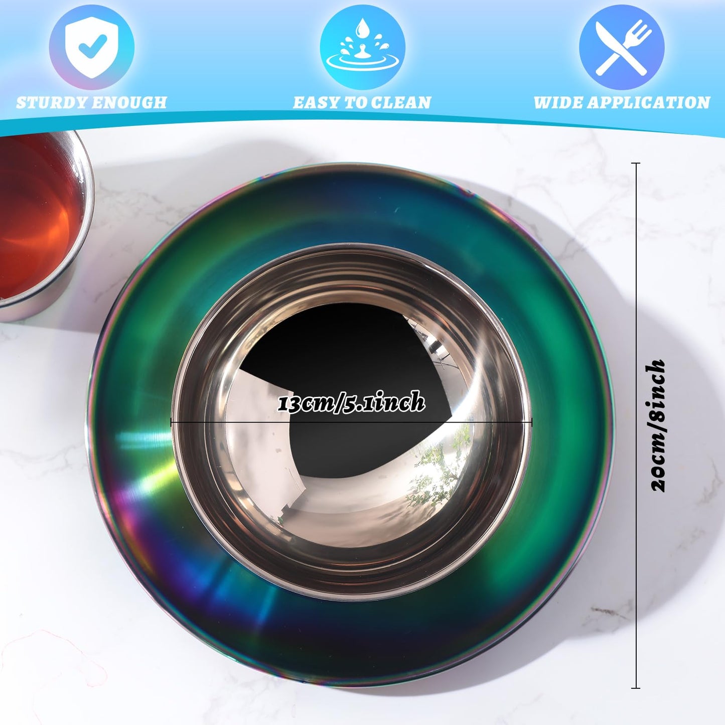 Layhit 30 Pcs Rainbow Stainless Steel Dinnerware Set Include Set of 10 Plates Bowls Cups Iridescent Cooking Tableware Reusable Metal Dishes Cutlery Bulk for Camping Picnic Kitchen Dessert Salad Dinner