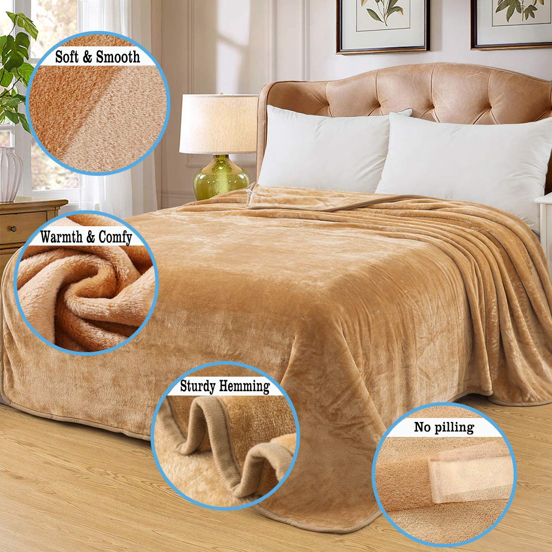 Soft Queen Size Blanket All Season Warm Fuzzy Microplush Lightweight Thermal Fleece Blankets for Couch Bed Sofa,90x90 Inches,Camel