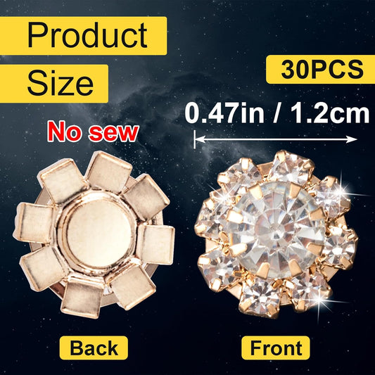 30pcs 12mm Rhinestone Buttons for Craft, Flatback Wedding Crystal Embellishments, Flower Decorative Button Accessories for Jewelry Making Clothes Bags Shoes Bouquet Decoration- Gold