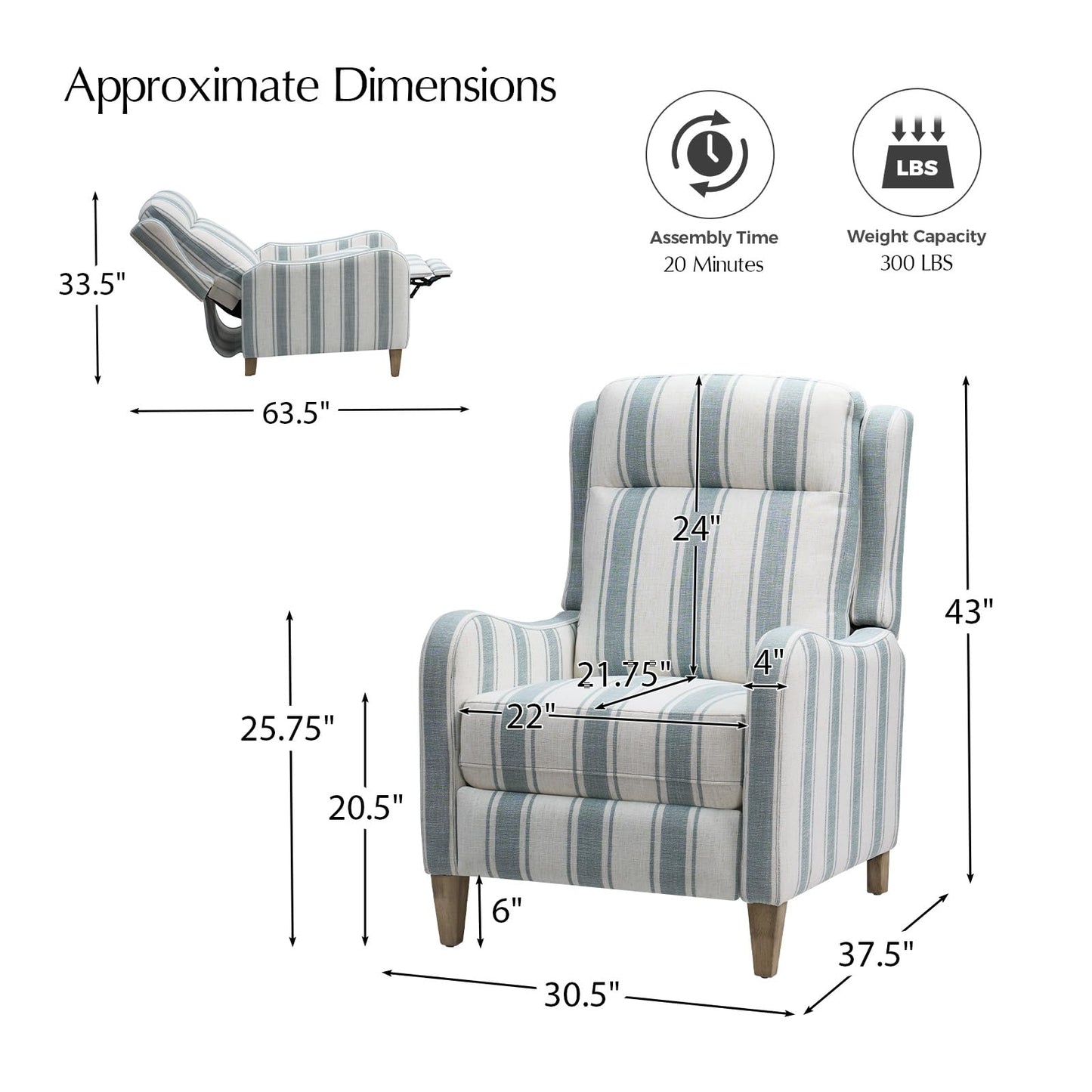 HULALA HOME Pushback Recliner Chair with Solid Wood Legs, Fabric Striped Comfy Upholstered Seating with Footrest, Armchair for Living Room/Reading, Blue