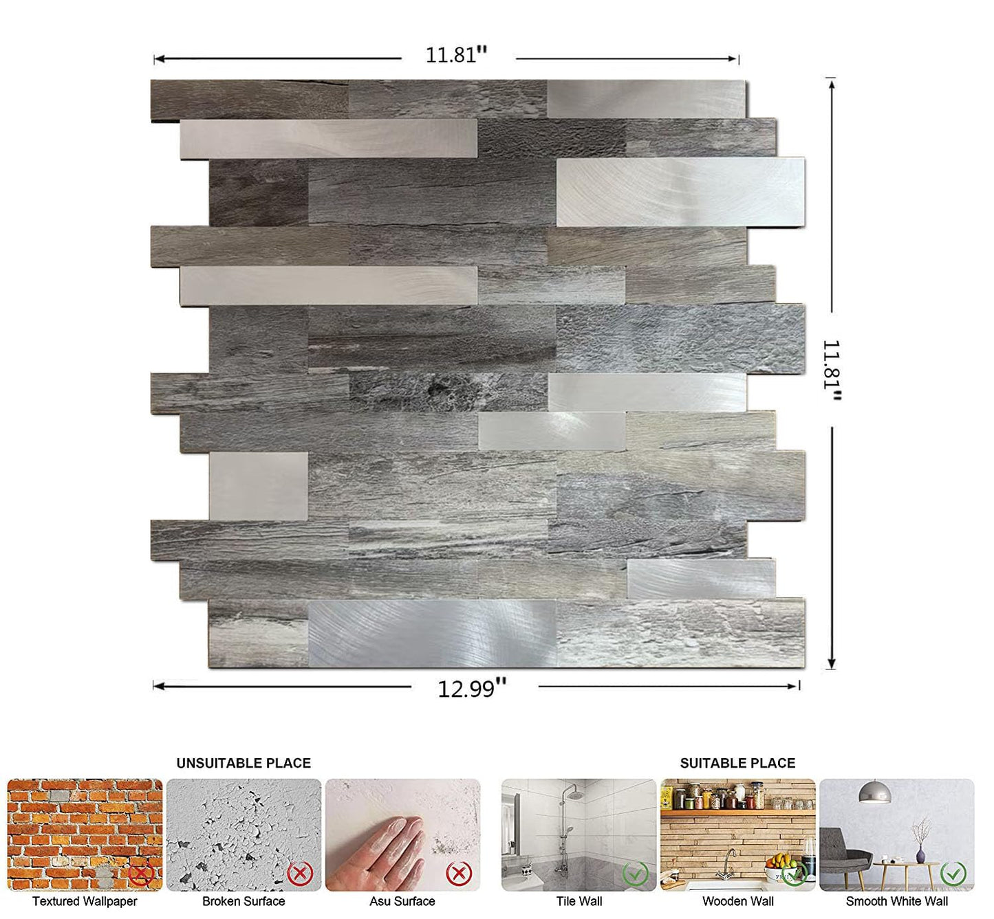 weimeisc 10 Sheets Backsplash Tile for Kitchen Peel and Stick, Self-Adhesive Waterproof, Metal Backsplash Subway Tile, Stick on Tiles Kitchen Bathroom (Light Grey Wood Grain+Frosted Silver)