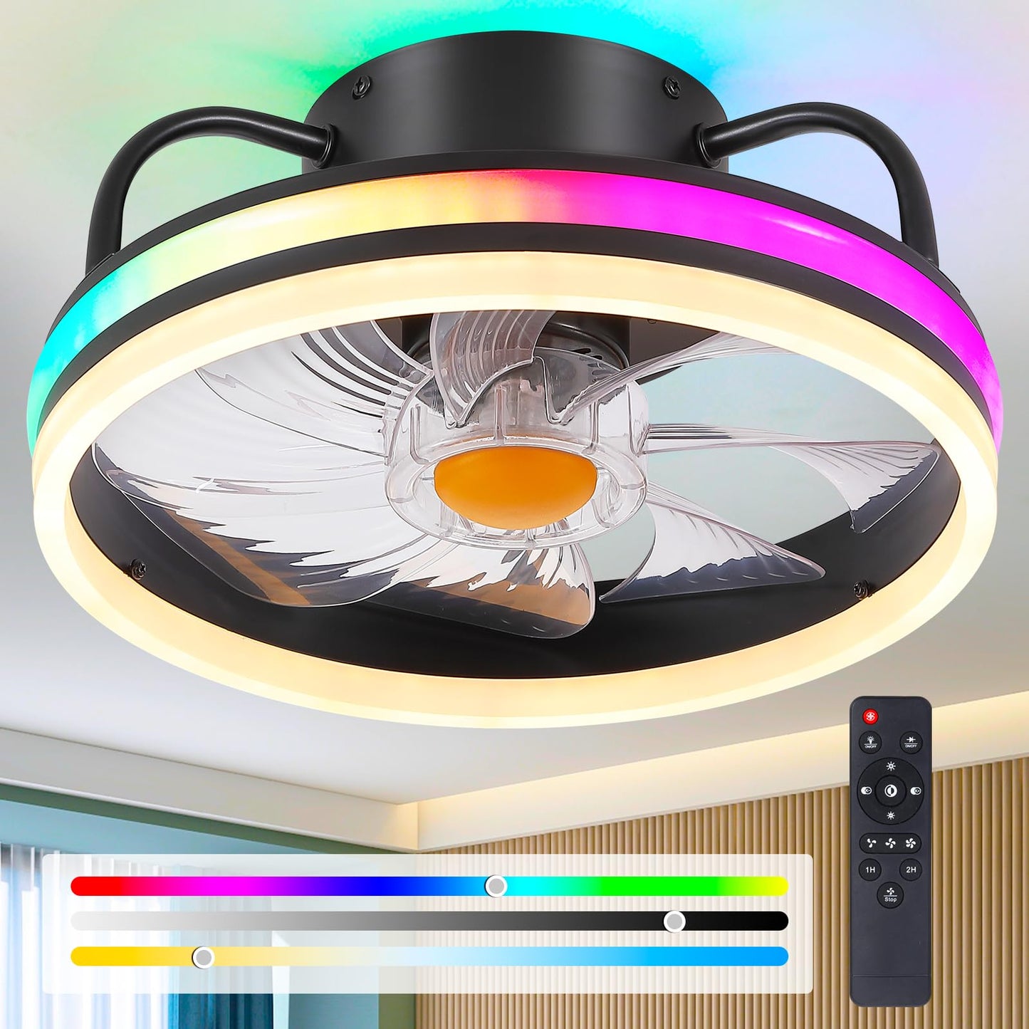 Modern Flush Mount Ceiling Fan-Low Profile Ceiling Fan with Light,13" RGB Dimmable LED Enclosed Ceiling Fans,Modern Bladeless LED-RGB Ambient Light for Bedroom Kids Room Party(Black)