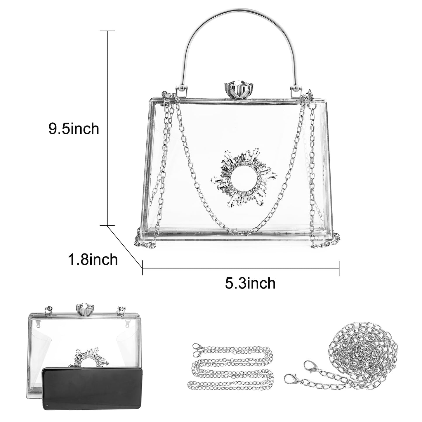 Rkrouco Women's Clear Purse Acrylic Clear Clutch Bag, Shoulder Handbag With Removable Chain-Silver