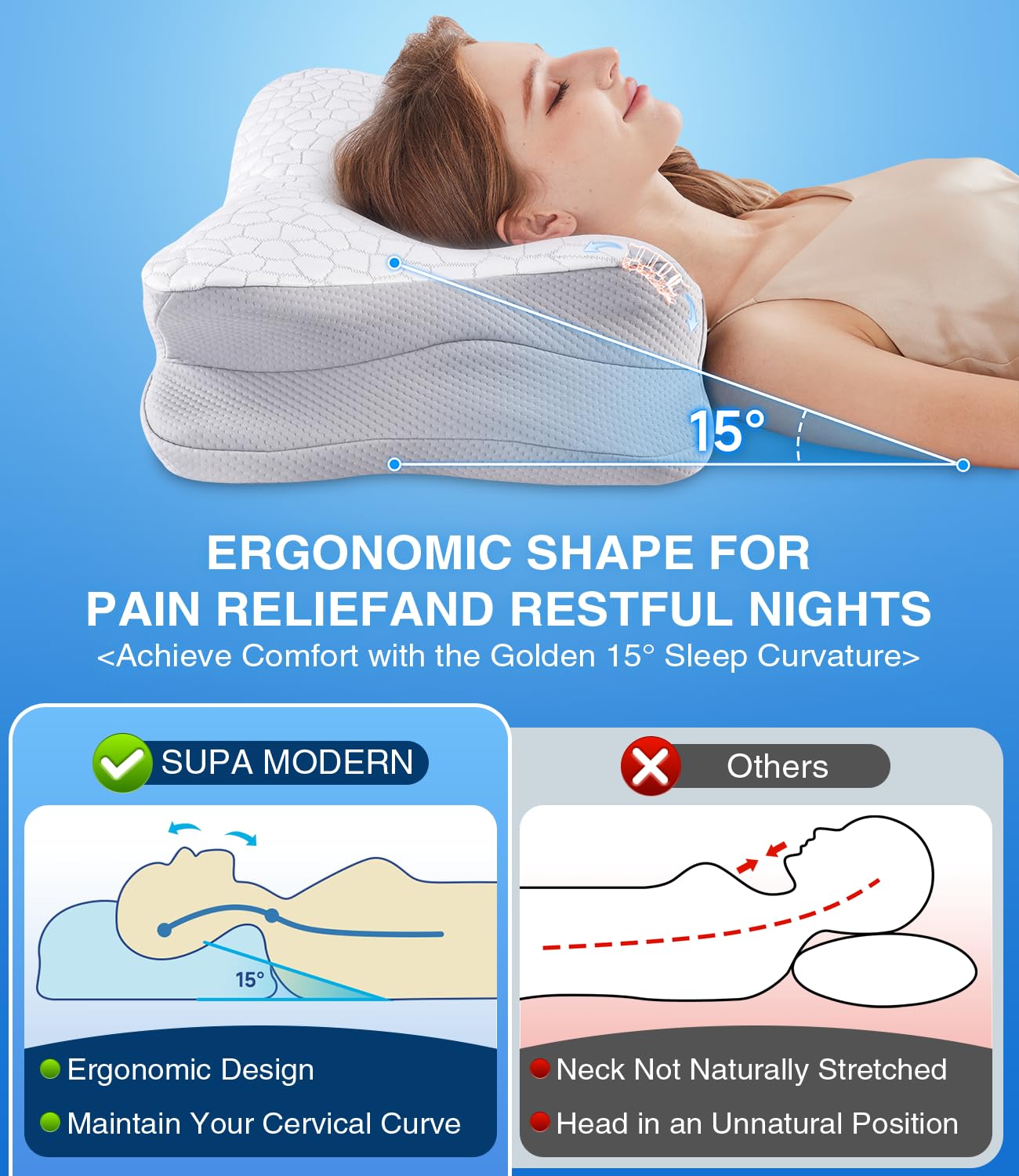 SUPA MODERN Cooling Cervical Neck Pillow for Sleeping, Contour Cool+ Side Sleeper Pillow for Adults, Ergonomic Memory Foam Orthopedic Neck Pain Relief, Stomach Sleeping with Luxury Cool Cover