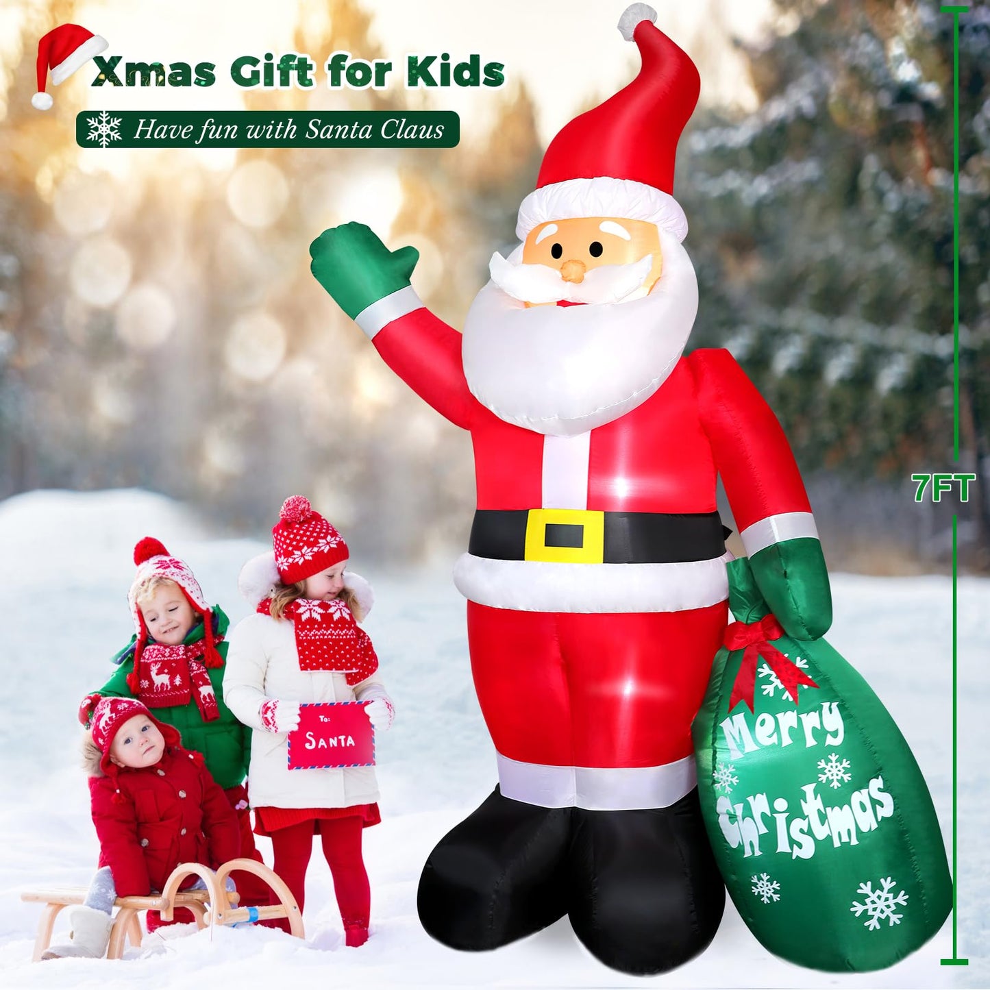 Omdekor 7FT Christmas Inflatable Santa Claus with Giant Gift Bag, Classic Blow up Outdoor Yard Decorations with Built-in Bright LED Lights for Holiday Xmas Party Display Lawn Garden Patio Home Decor