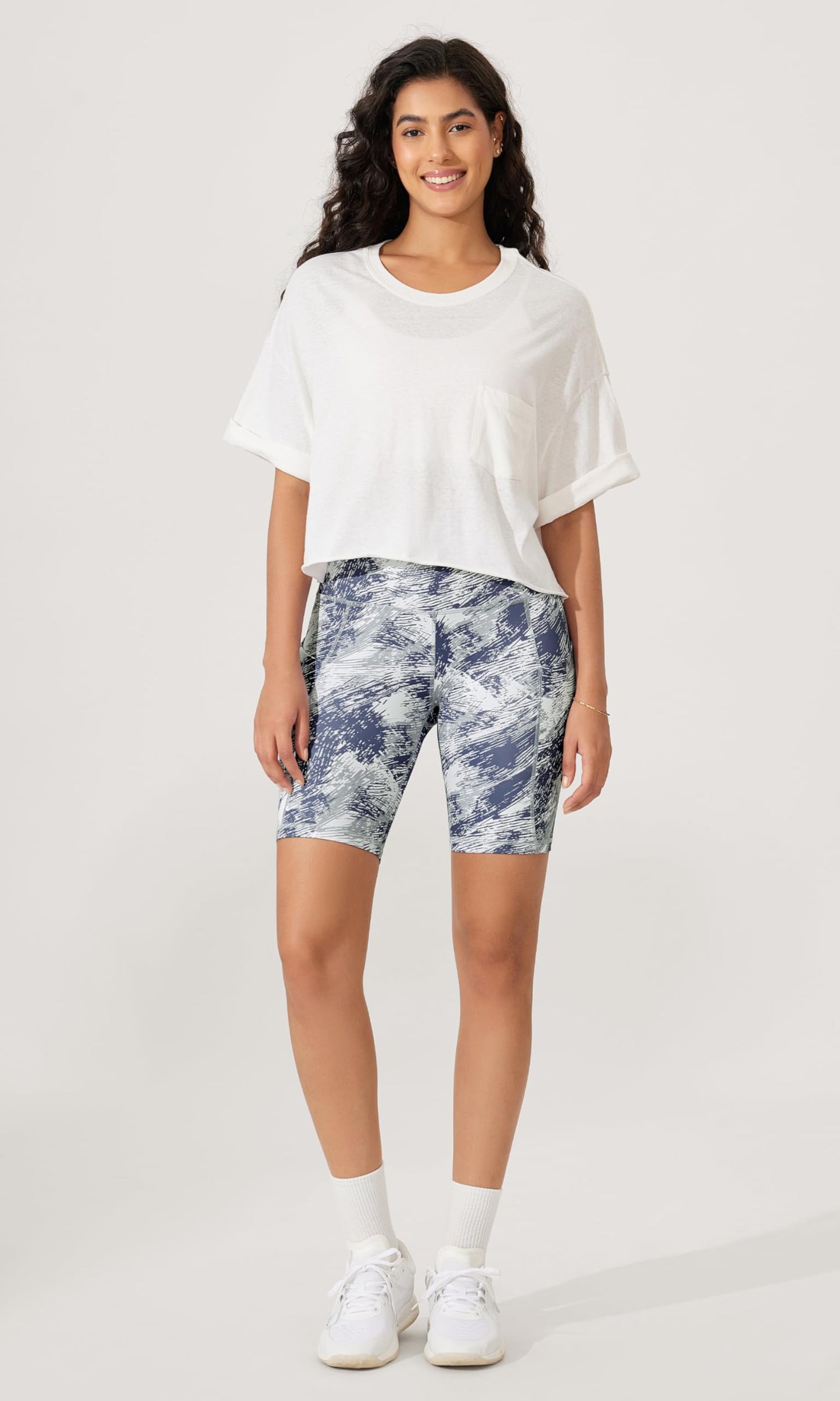 ODODOS 8" Tummy Control Biker Shorts for Women with Pockets High Waist Running Workout Athletic Yoga Shorts, Purple Gray Line, Large