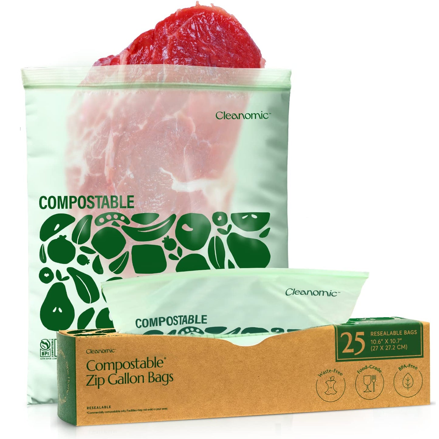 Cleanomic Compostable* Snack Size Food Storage Bags (50 Eco Zip) Freezer and Leak Proof, Also Available Gallon, Quart and Sandwich Size Bags