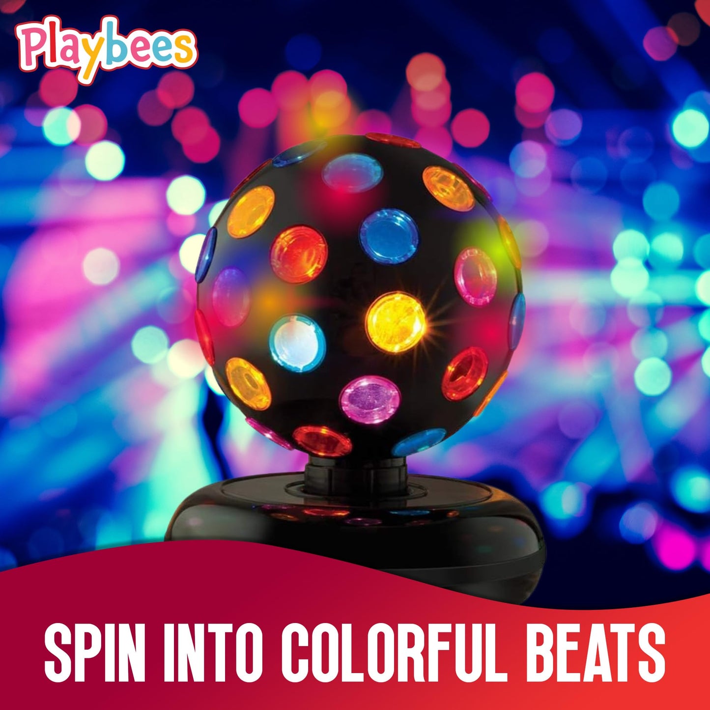 Playbees Rotating Disco Ball with LED Lights - Create a Dazzling Dance Atmosphere - Neon Birthday Party Vibes - Dance Party Supplies & Accessories - 11"