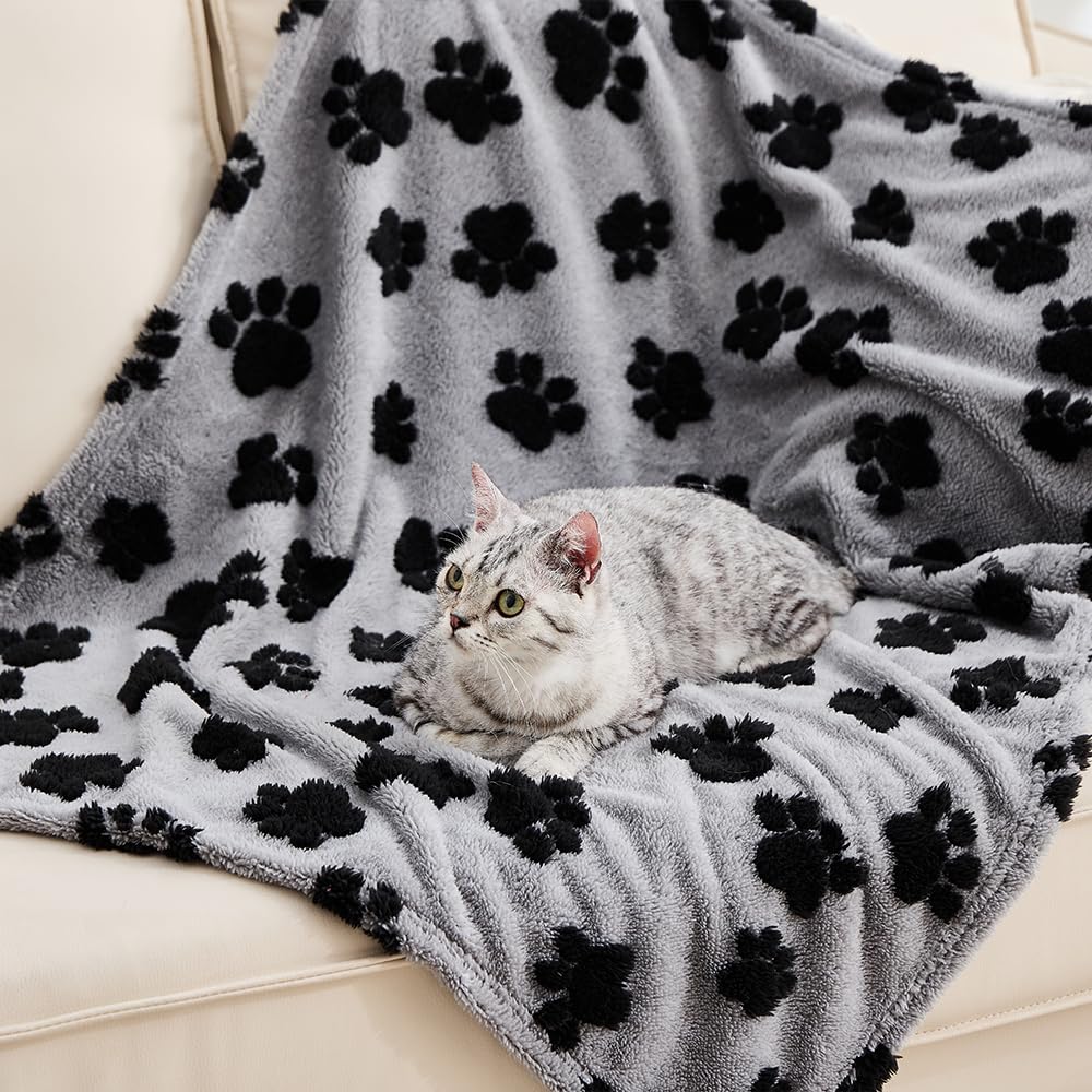 Qeils Jacquard Dog Blankets for Small Dogs, Cozy Calming Blanket for Indoor Cats, 280GSM Coral Fleece Plush Fluffy Throw Blanket, Black Paws, 25x30IN