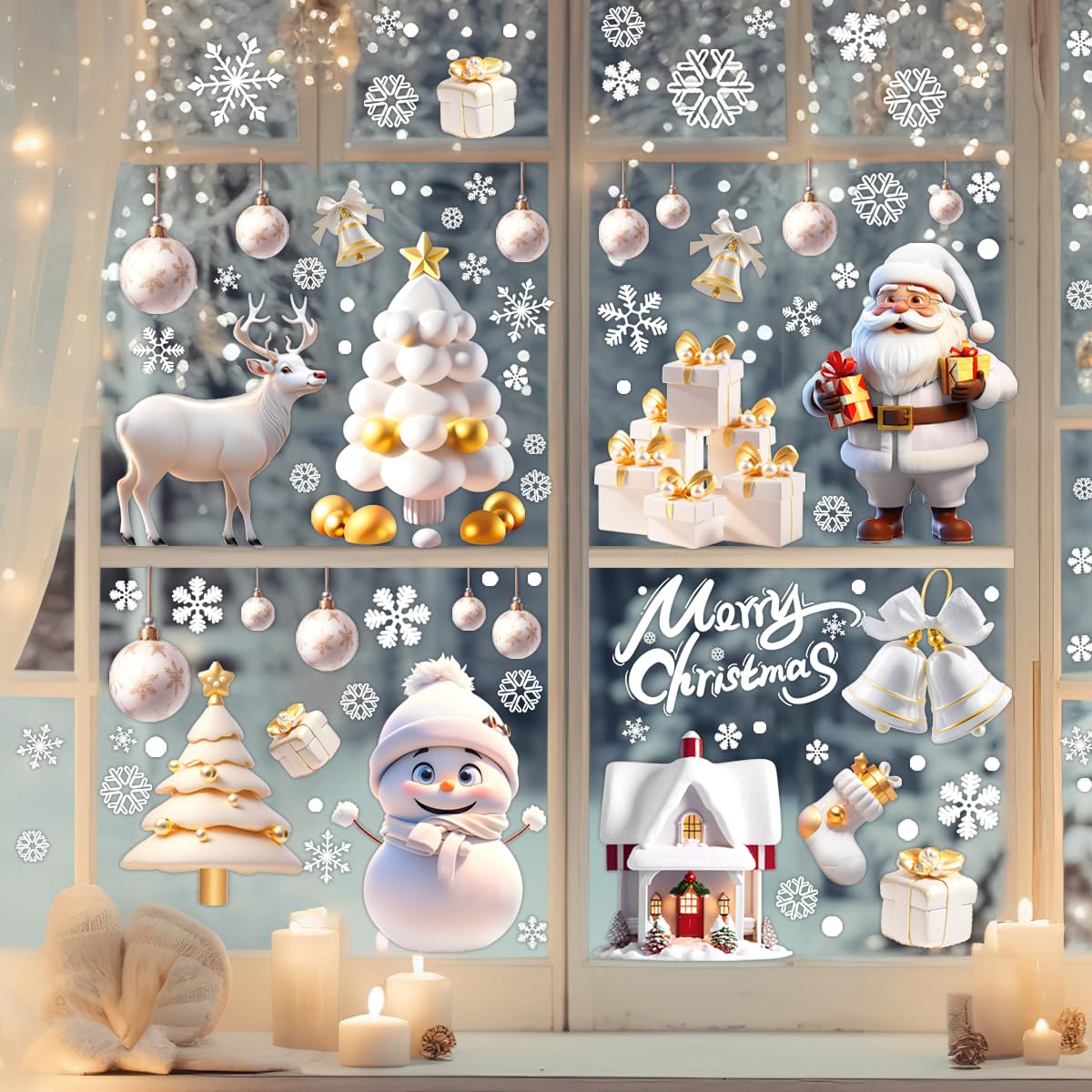 LONGTEN Christmas Windows Static Stickers Clings Santa Claus Snowman Deer Snowflake Removable Vinyl Christmas Tree DIY Wall Window Door Mural Decal Sticker for Showcase