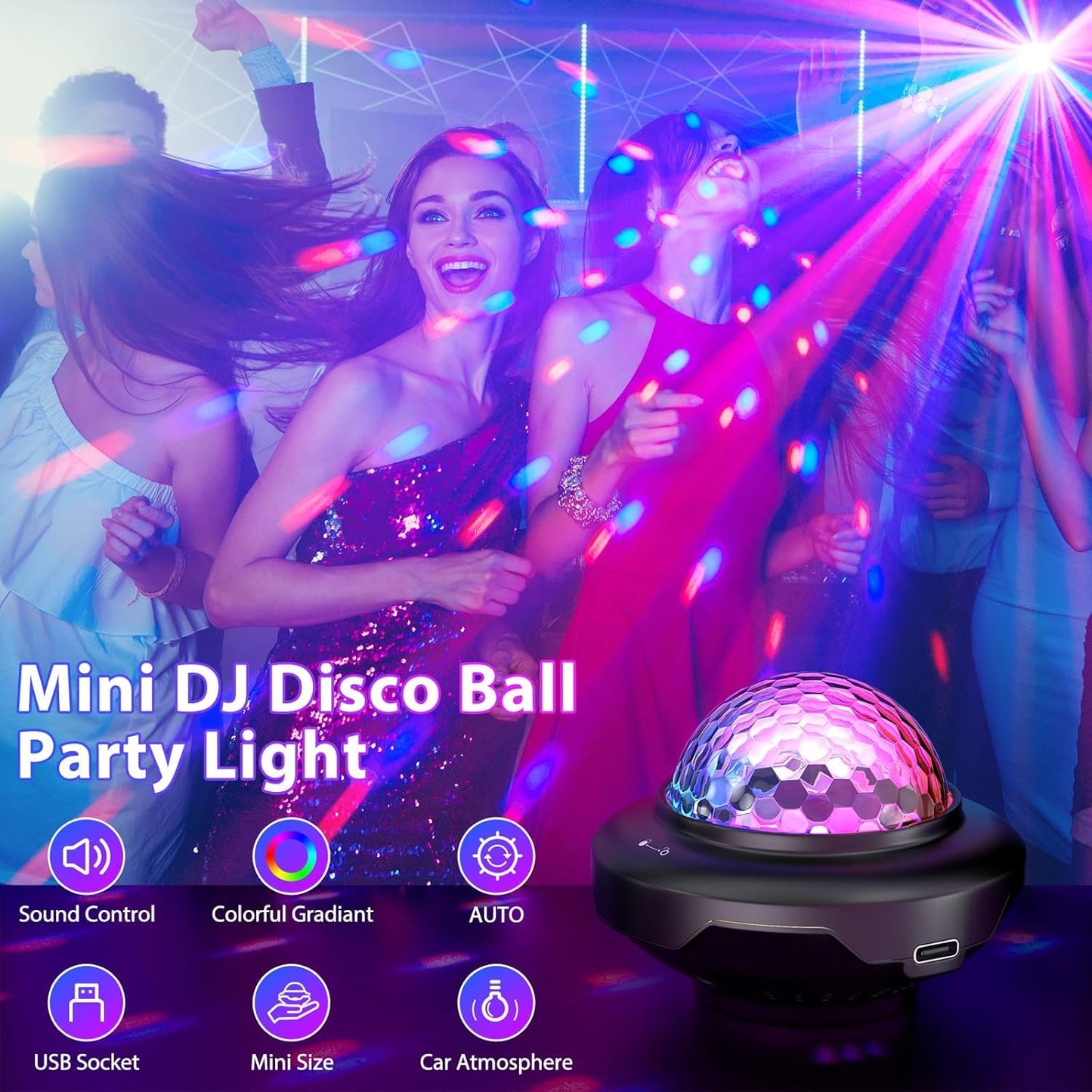 Battery Powered Disco Ball, Rechargeable Party Lights, Strobe Lights Sound Activated RGB LED Dj Lighting Uplights for Events, Party, Disco, Wedding, Bar, Stage, Dance, Room - 2 Pack