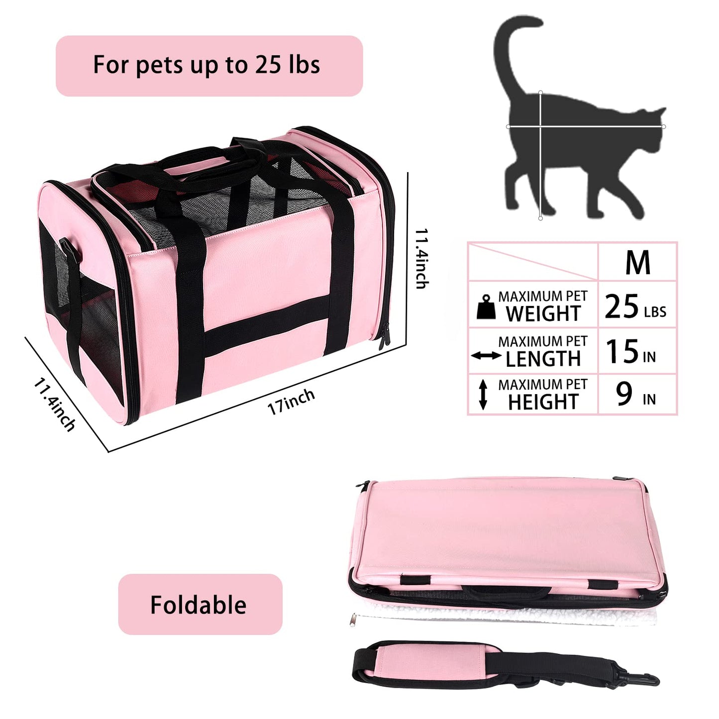 Cat Carrying Case - Pet Carrier Airline Approved, Protable and Breathable Pet Travel Carrier Removable Fleece Pad, Collapsible Cat Carrier Dog Carrier for Medium Cats Small Cats Dogs (Medium, Pink)