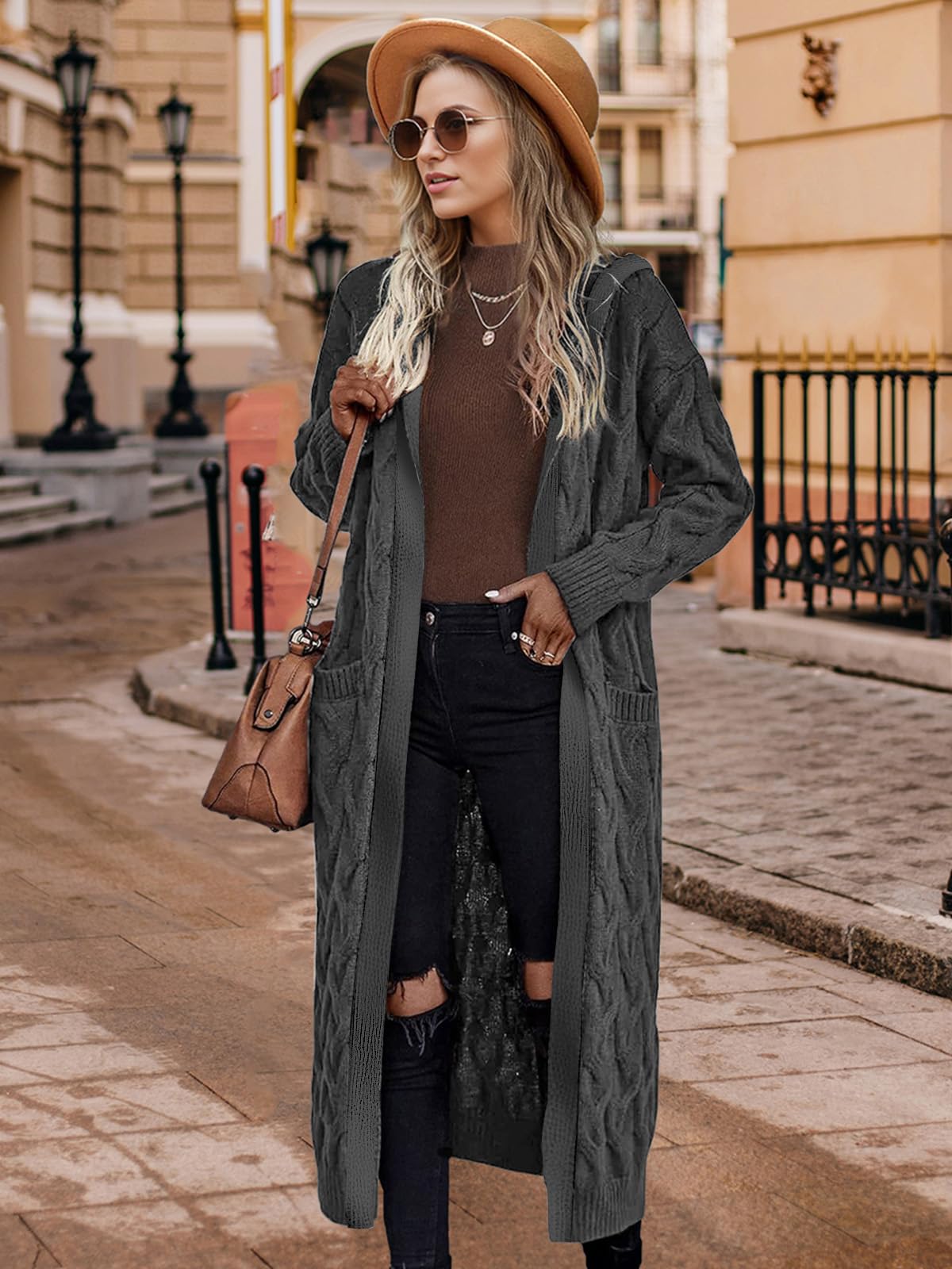 WIFFGO Lightweight Hooded Open Front Cardigan for Women Cable Knit Sweaters Pocketed Oversized Knee Length Long Coats Dark Gray