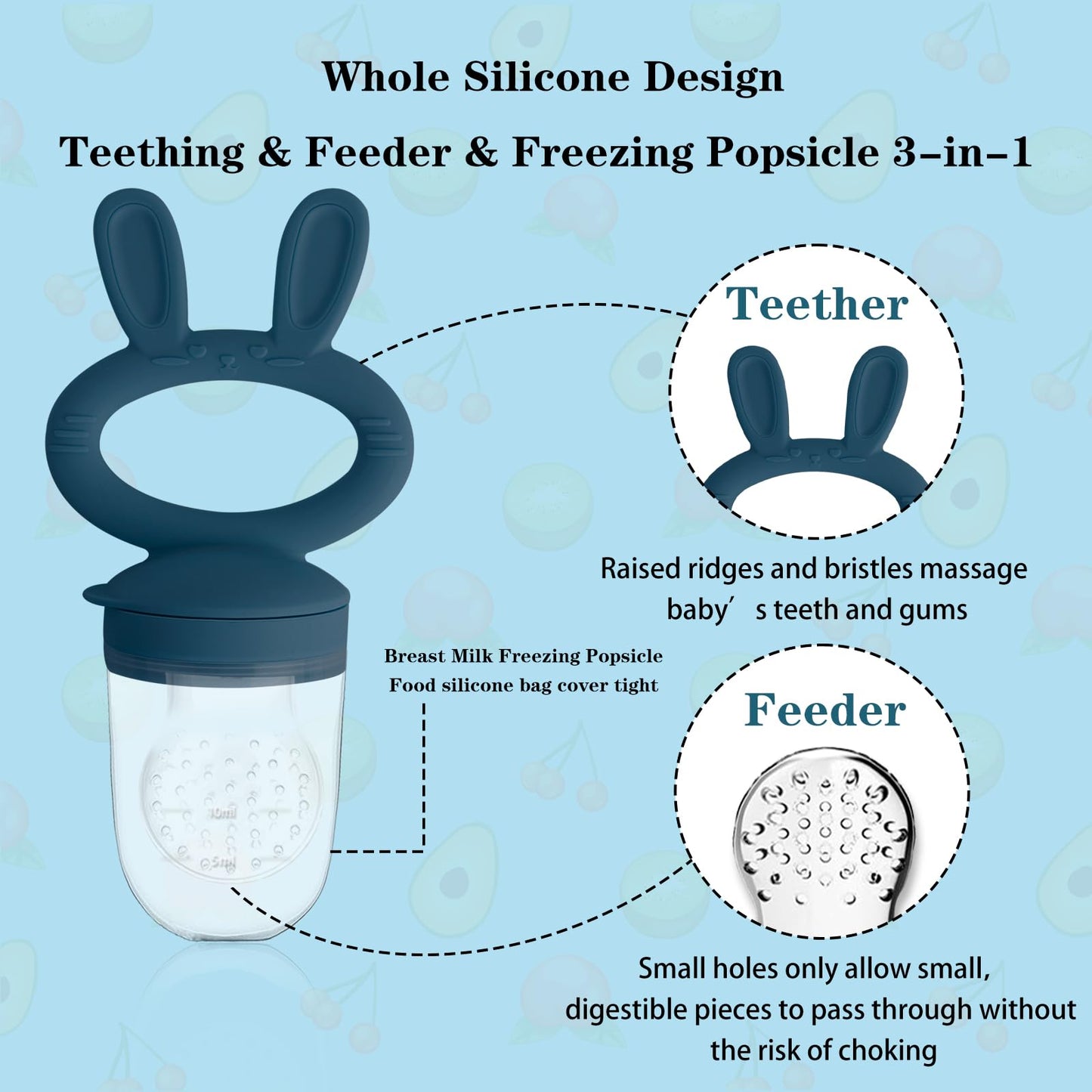 HAOBAOBEI Baby Solids/Frozen Fruit Feeder Pacifier, Infant Teether Toy 4M+, BPA-Free Silicone Pouch & Nipple, Safely Introduce Solids, Teething Relief, 2-Pack - Blue/Green (Rabbit)