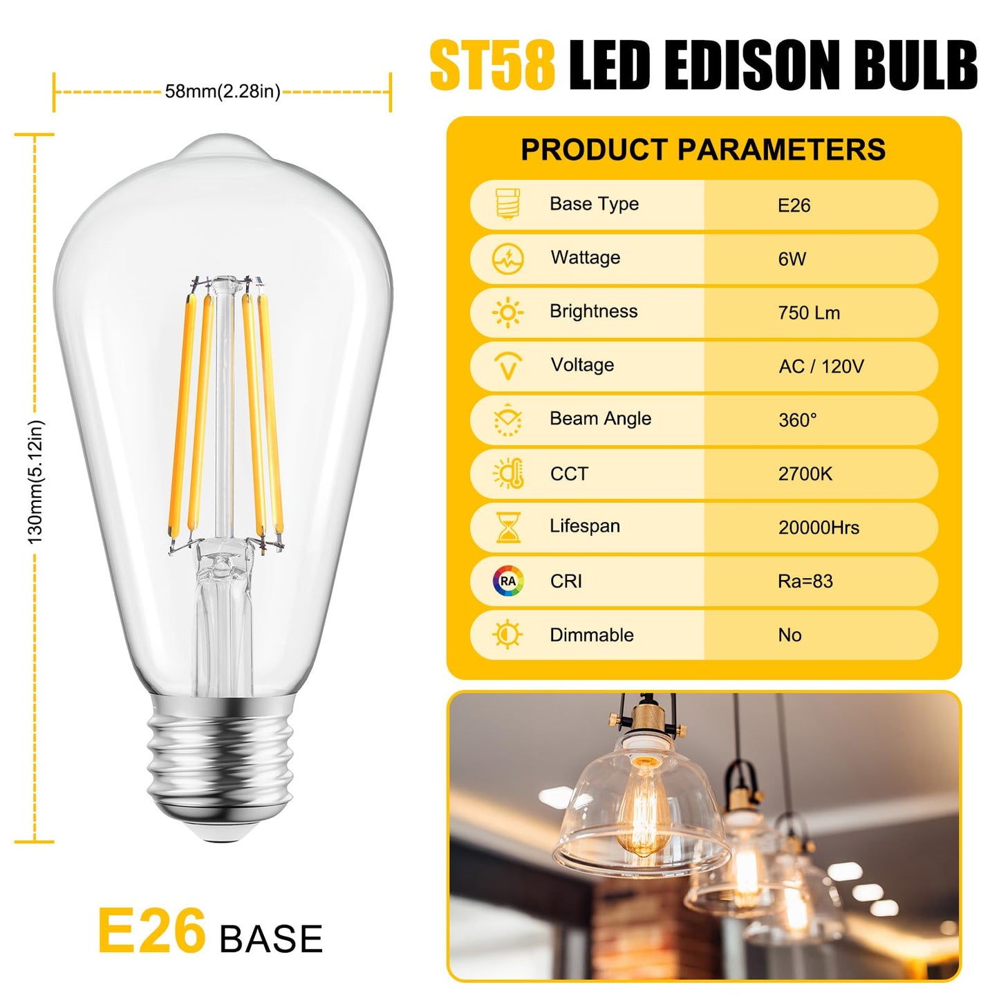Brightown 6 Pack LED Edison Light Bulbs, 6W, Equivalent 60W, High Bright 2700K Warm White,750 Lumens, Non-Dimmable, E26 Base ST58 Antique Filament Bulbs with 80+ CRI for Ceiling Fan Bathroom Porch