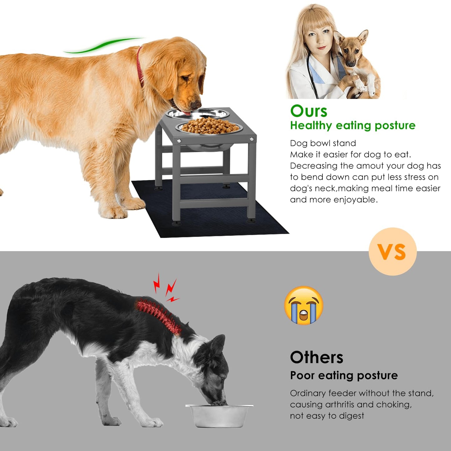 ADENGL Metal Raised Dog Bowl, 10" Tall Elevate Dog Feeder Stand with 2 Stainless Steel 42oz Bowls & 16x24 Non-Slip Mat – Stronger Dogs Food & Water Bowl Stand (Grey)