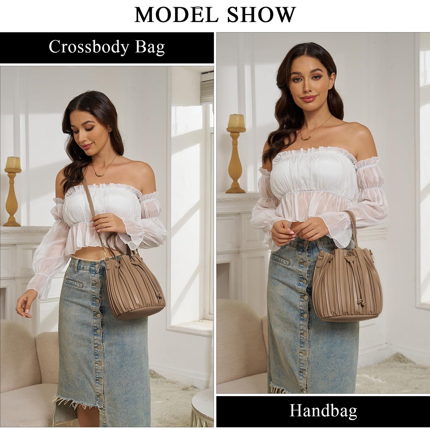 Extolove Mini Faux Leather Bucket Bags for Women Drawstring Crossbody Bucket Bag Purses Pleated Shoulder Handbags (Apricot)