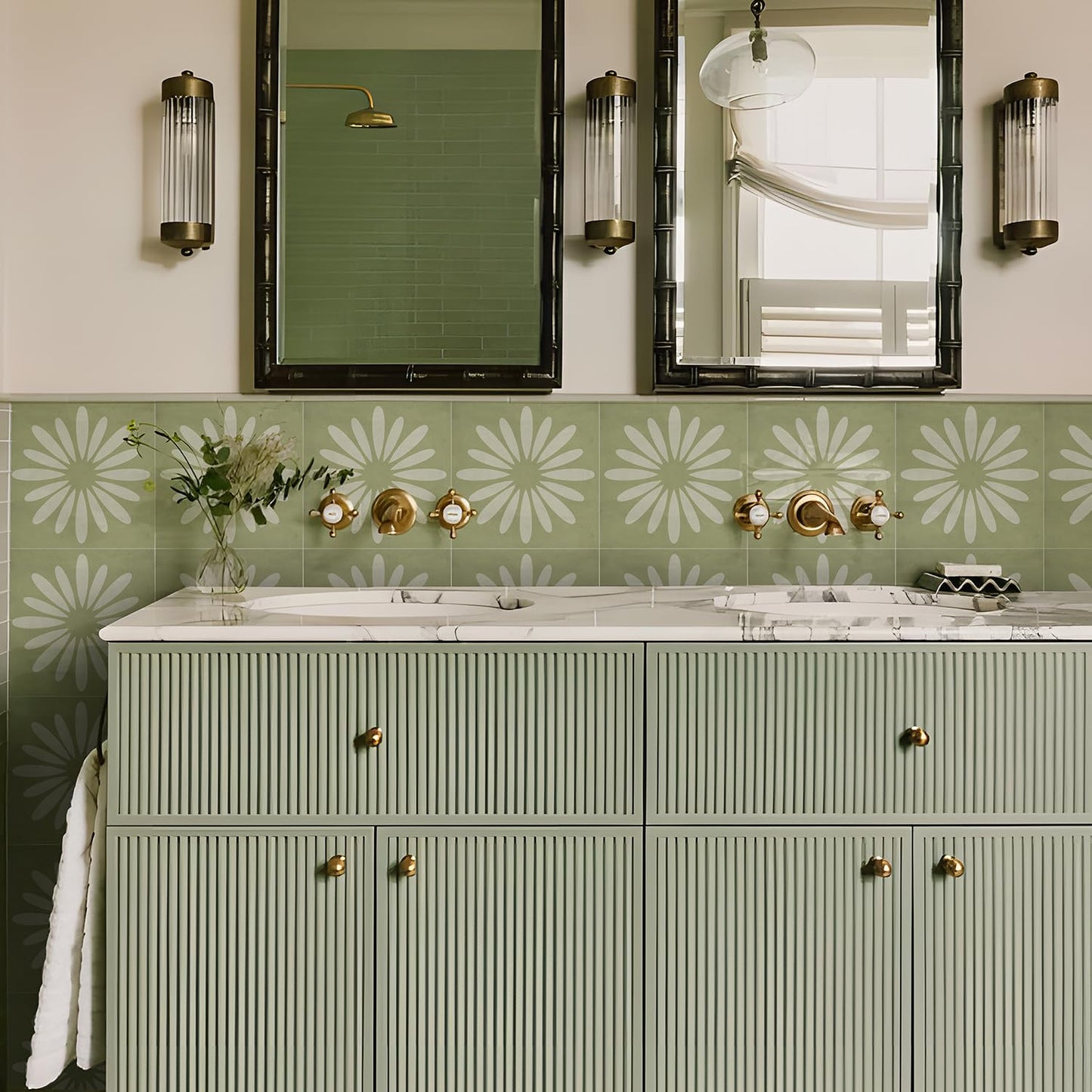 Alwayspon 25PCs Peel and Stick Tile Transfer Stickers, Green White Floral Tile Decal Self-Adhesive Vinyl Backsplash Stick on Tiles for Kitchen Bathroom, 15cm/6inch