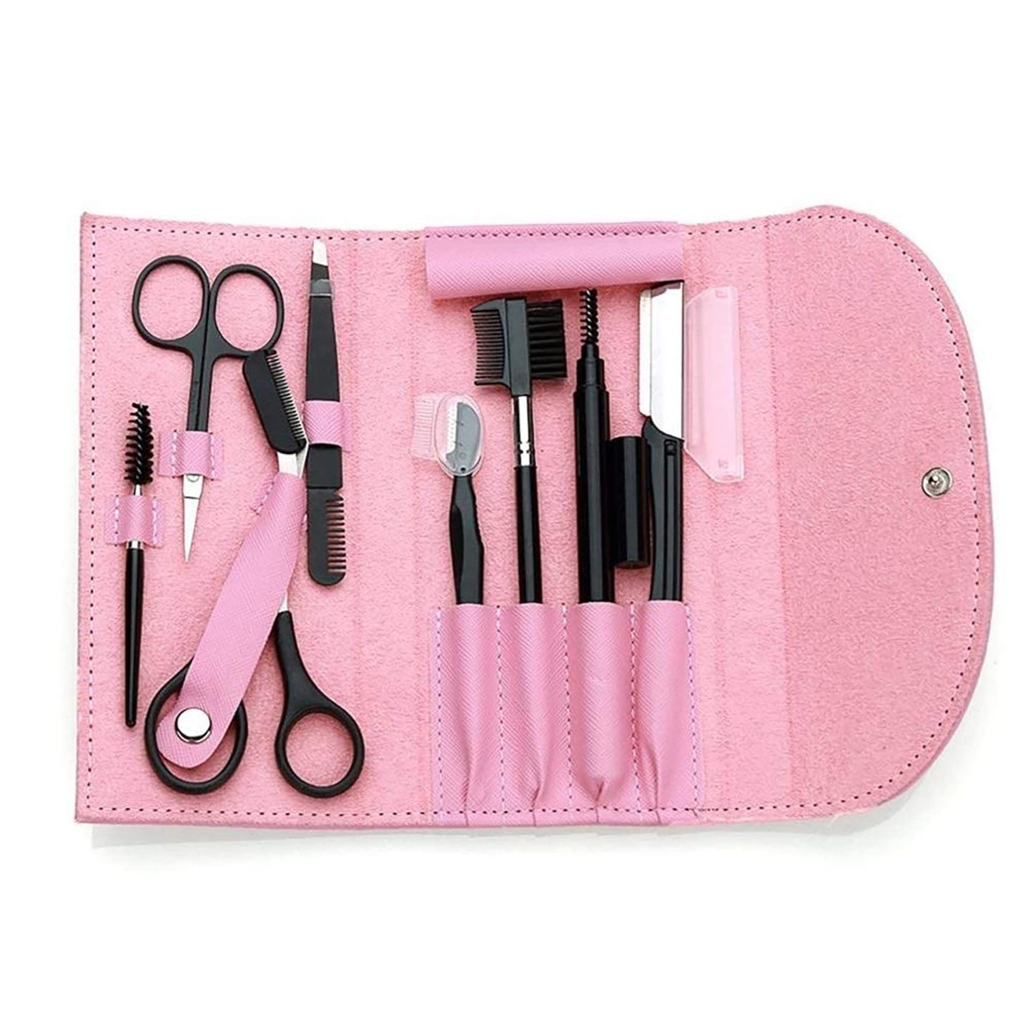 8PCS/SET Eyebrow Shaping Kit - Scissors, Pencil, Brush Trimmer, Beauty Tools Set With Leather Bag (Pink)