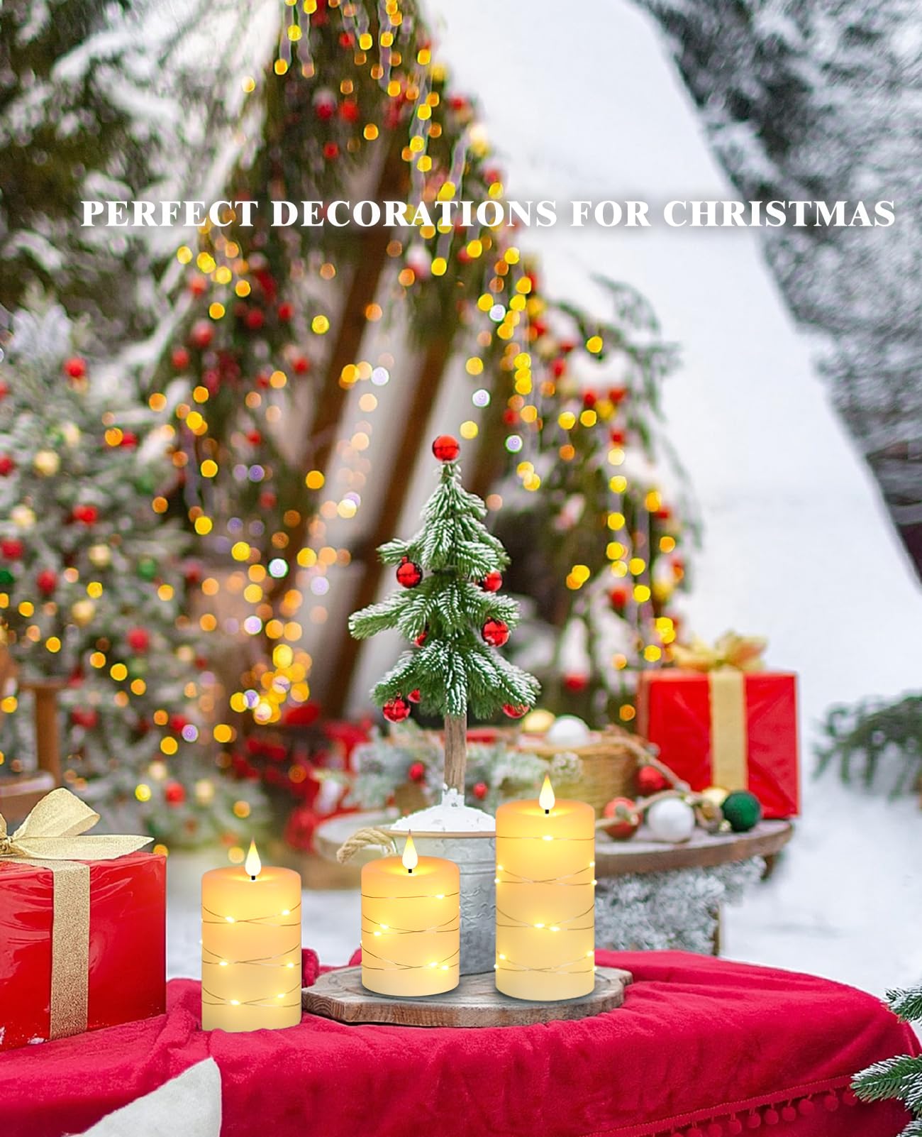 Da by Flameless Candles with String Lights,Battery Operated Candles,LED Flickering Candles with Remote Control and Timer, Real Wax, 3 Pack-Ivory